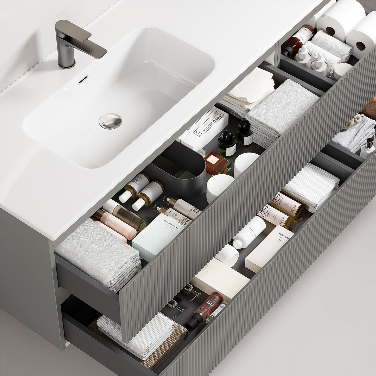 Mobile bagno sospeso cannettato 140 cm Grigio Londra Lavabo a Sinistra in Resina Senza Specchio - Fiji Paint con lavandino e cassetti organizzati.