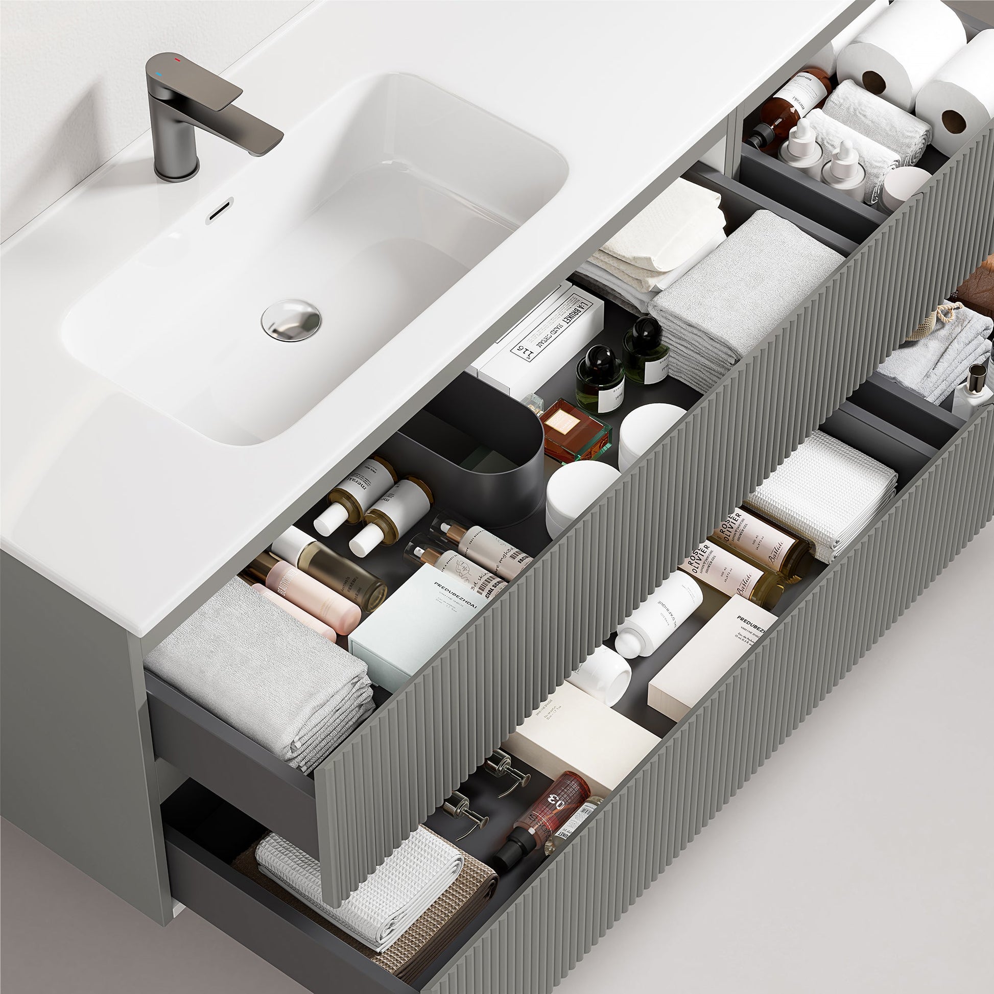 Mobile bagno sospeso cannettato 140 cm Grigio Londra Lavabo a Sinistra in Resina Senza Specchio - Fiji Paint con lavandino e cassetti organizzati.