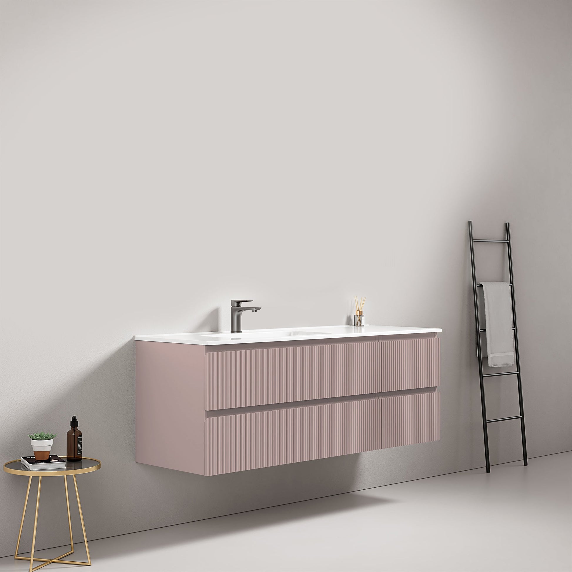 Mobile bagno sospeso cannettato 140 cm Rosa Retro Lavabo a Sinistra in Resina Senza Specchio - Fiji Paint