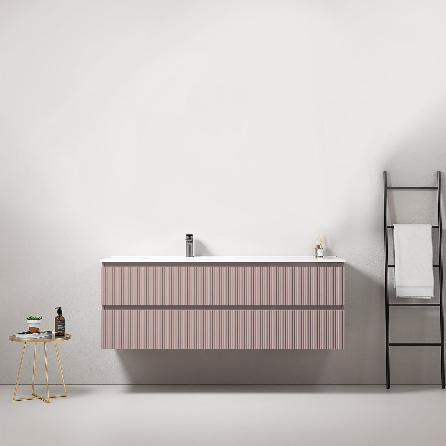 Mobile bagno sospeso cannettato 140 cm Rosa Retro Lavabo a Sinistra in Resina Senza Specchio - Fiji Paint