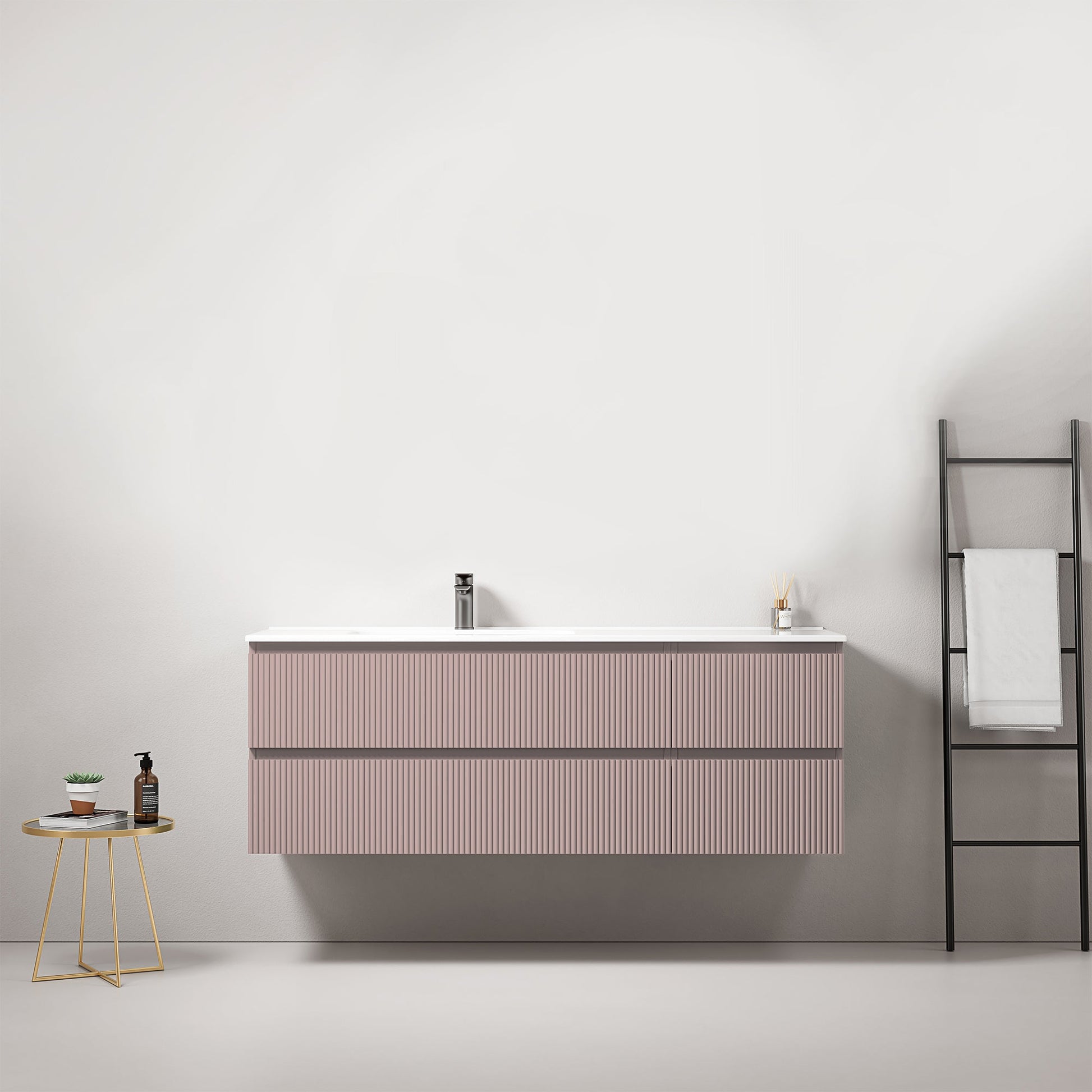 Mobile bagno sospeso cannettato 140 cm Rosa Retro Lavabo a Sinistra in Resina Senza Specchio - Fiji Paint