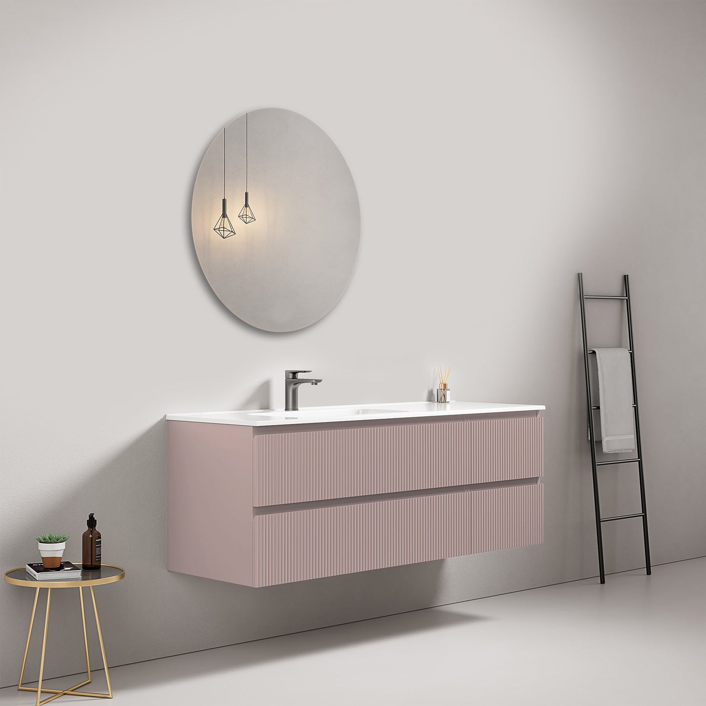 Mobile bagno sospeso cannettato 140 cm Rosa Retro Lavabo a Sinistra in Resina Specchio Tondo - Fiji Paint