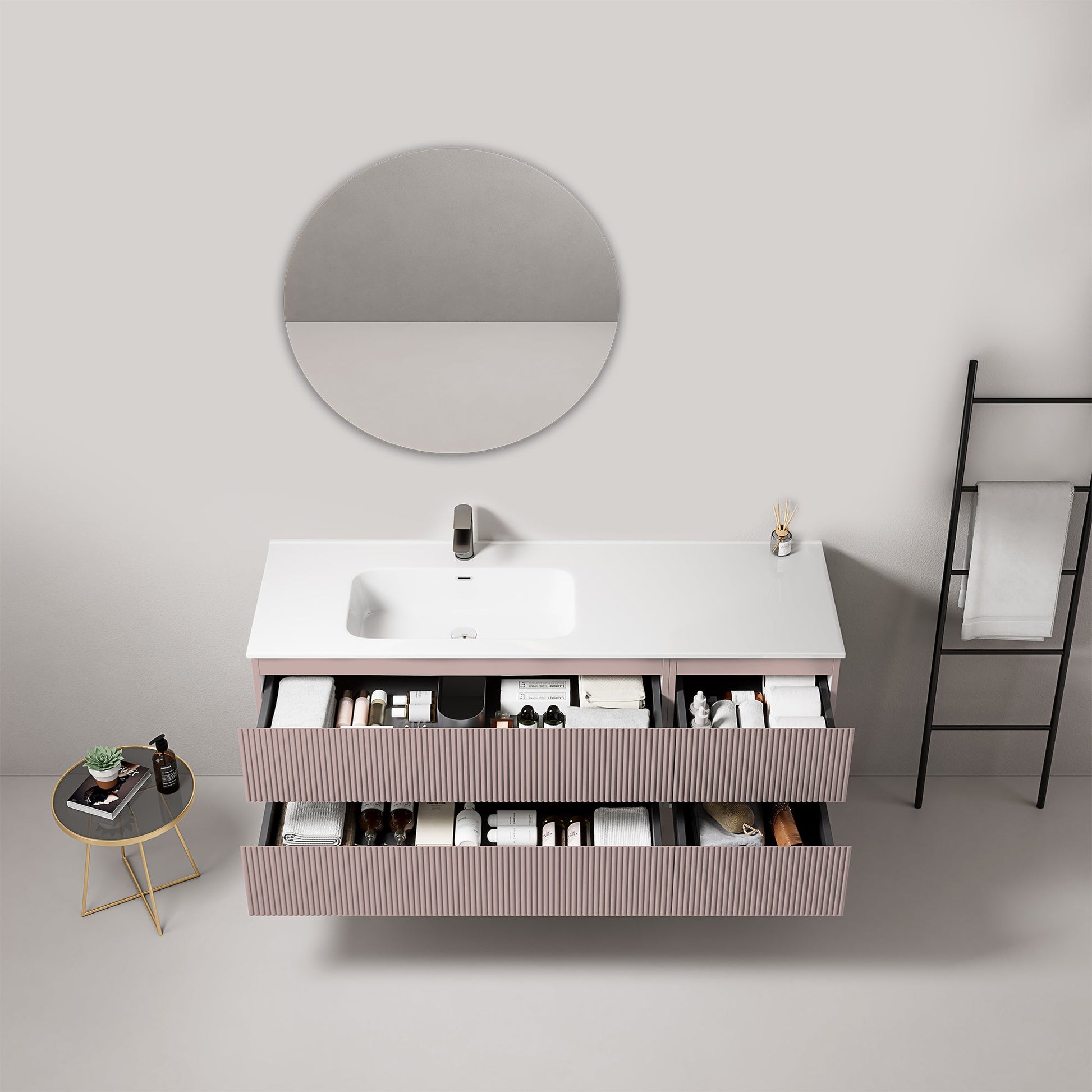 Mobile bagno sospeso cannettato 140 cm Rosa Retro Lavabo a Sinistra in Resina Specchio Tondo - Fiji Paint con piano bianco e cassetti.