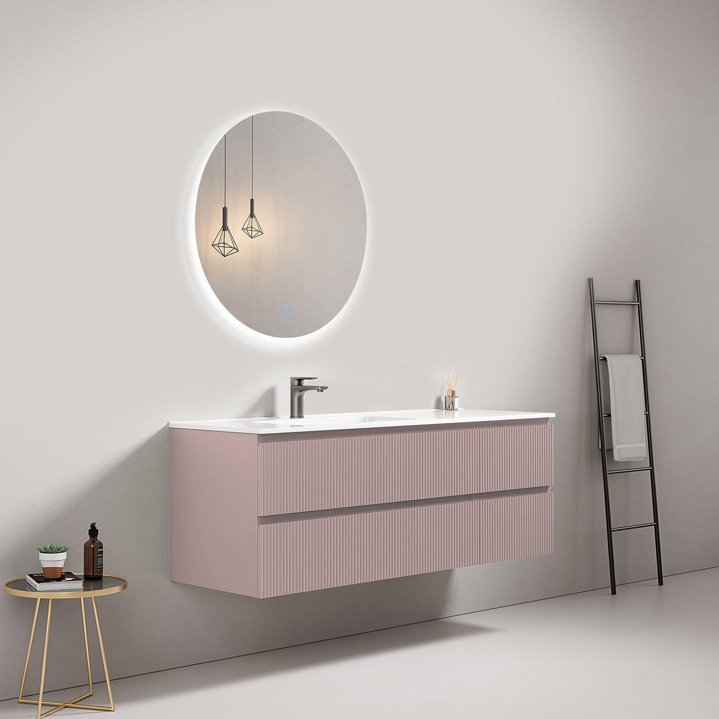 Mobile bagno sospeso cannettato 140 cm Rosa Retro Lavabo a Sinistra in Resina Specchio Tondo Retroilluminato - Fiji Paint