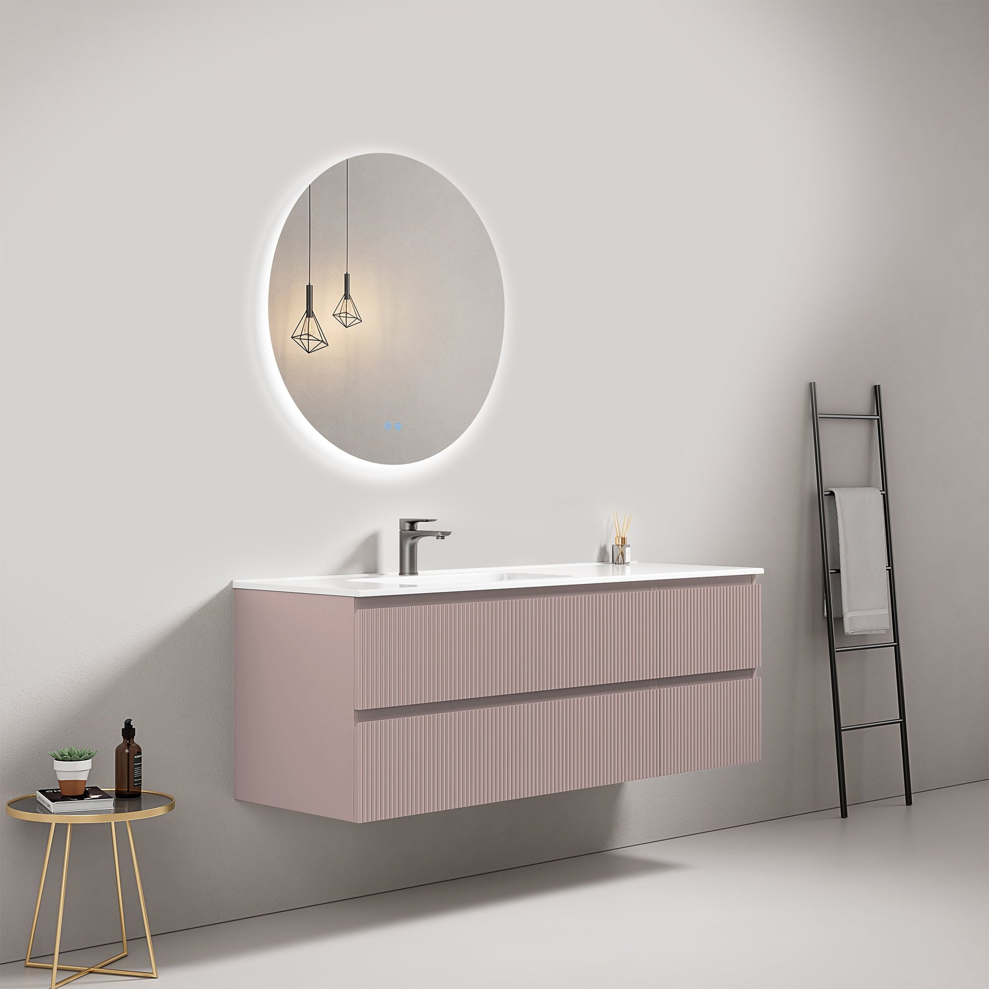 Mobile bagno sospeso cannettato 140 cm Rosa Retro Lavabo a Sinistra in Resina Specchio Tondo Retroilluminato - Fiji Paint