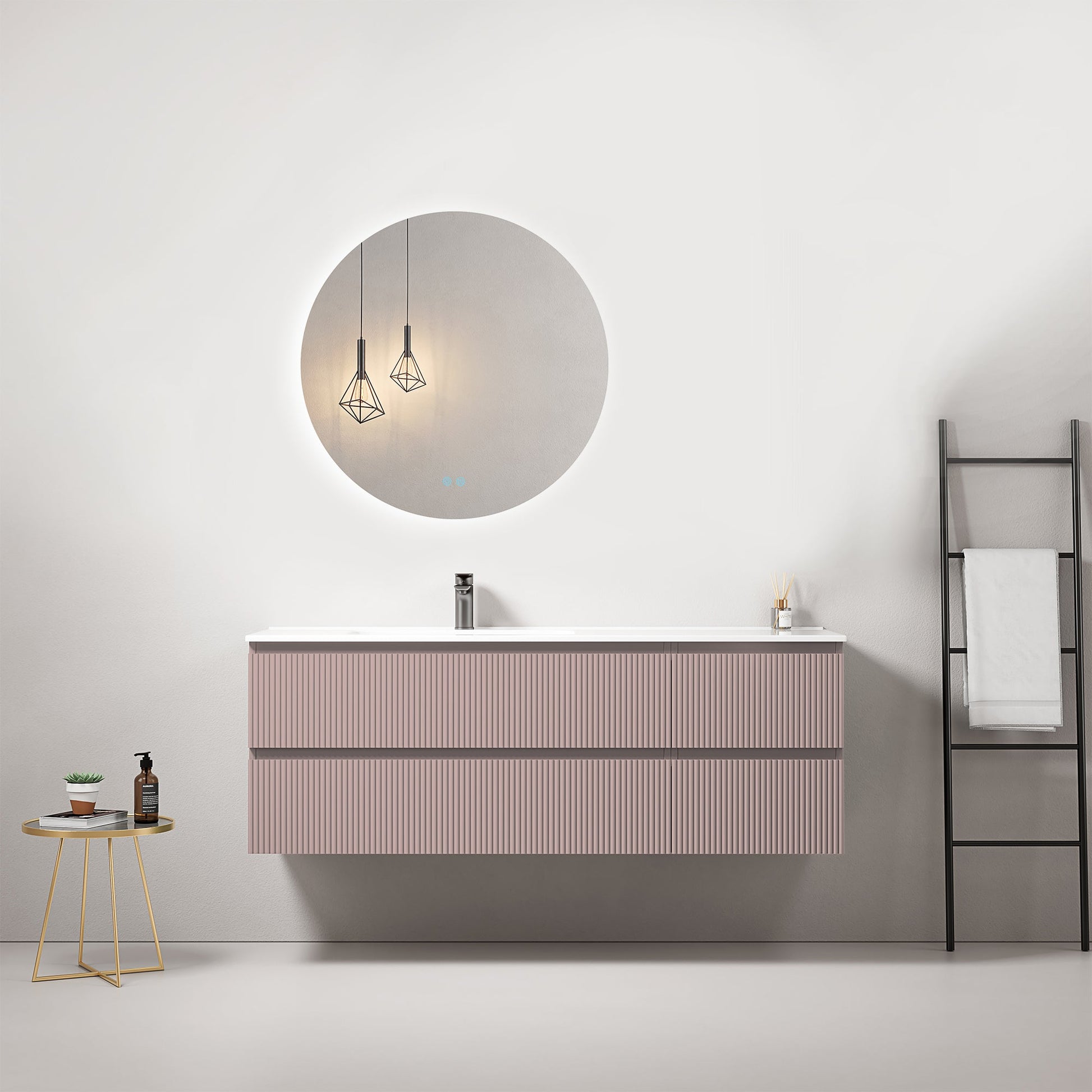 Mobile bagno sospeso cannettato 140 cm Rosa Retro Lavabo a Sinistra in Resina Specchio Tondo Retroilluminato - Fiji Paint nella stanza da bagno.