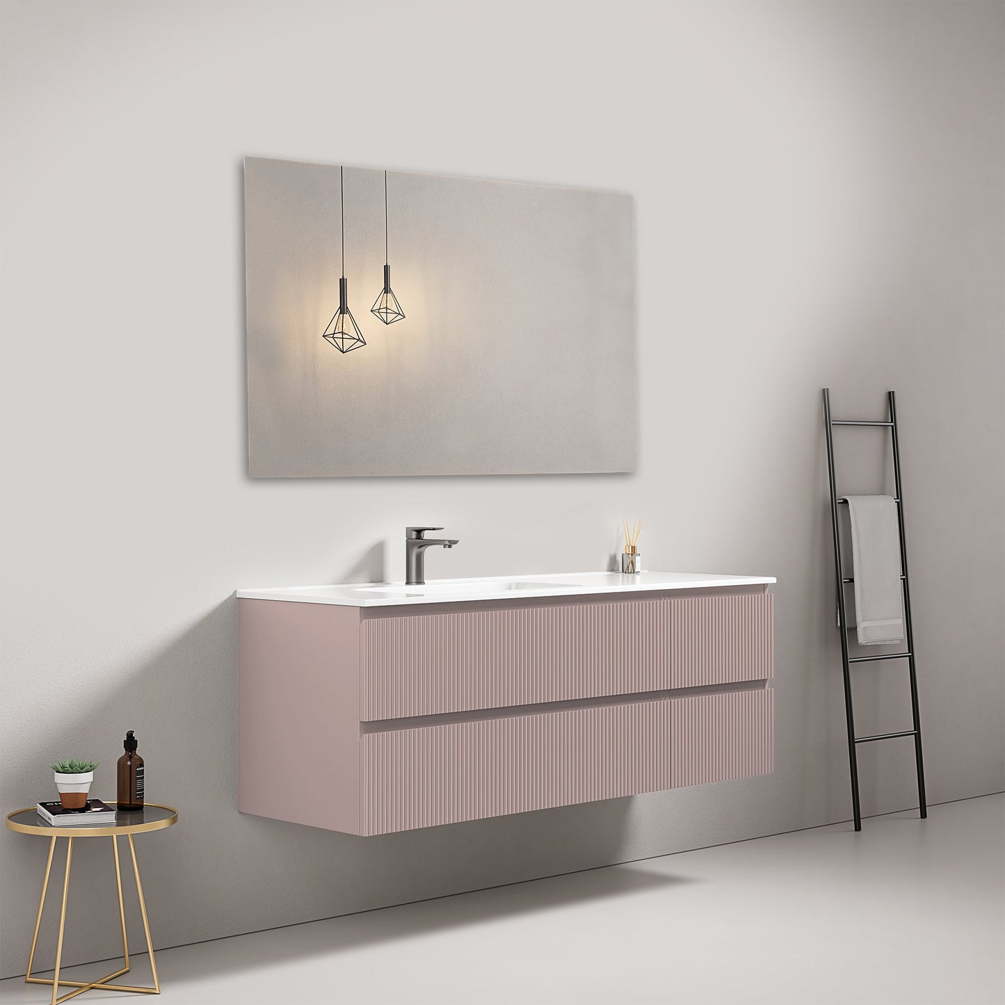 Mobile bagno sospeso cannettato 140 cm Rosa Retro Lavabo a Sinistra in Resina Specchio Quadro - Fiji Paint.