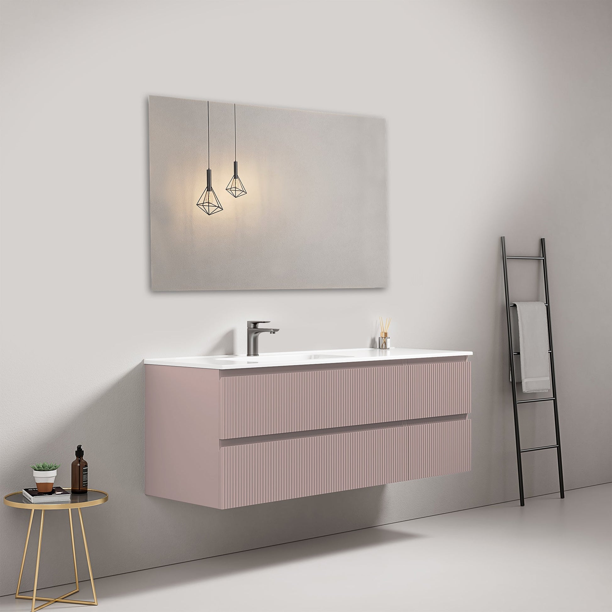 Mobile bagno sospeso cannettato 140 cm Rosa Retro Lavabo a Sinistra in Resina Specchio Quadro - Fiji Paint.