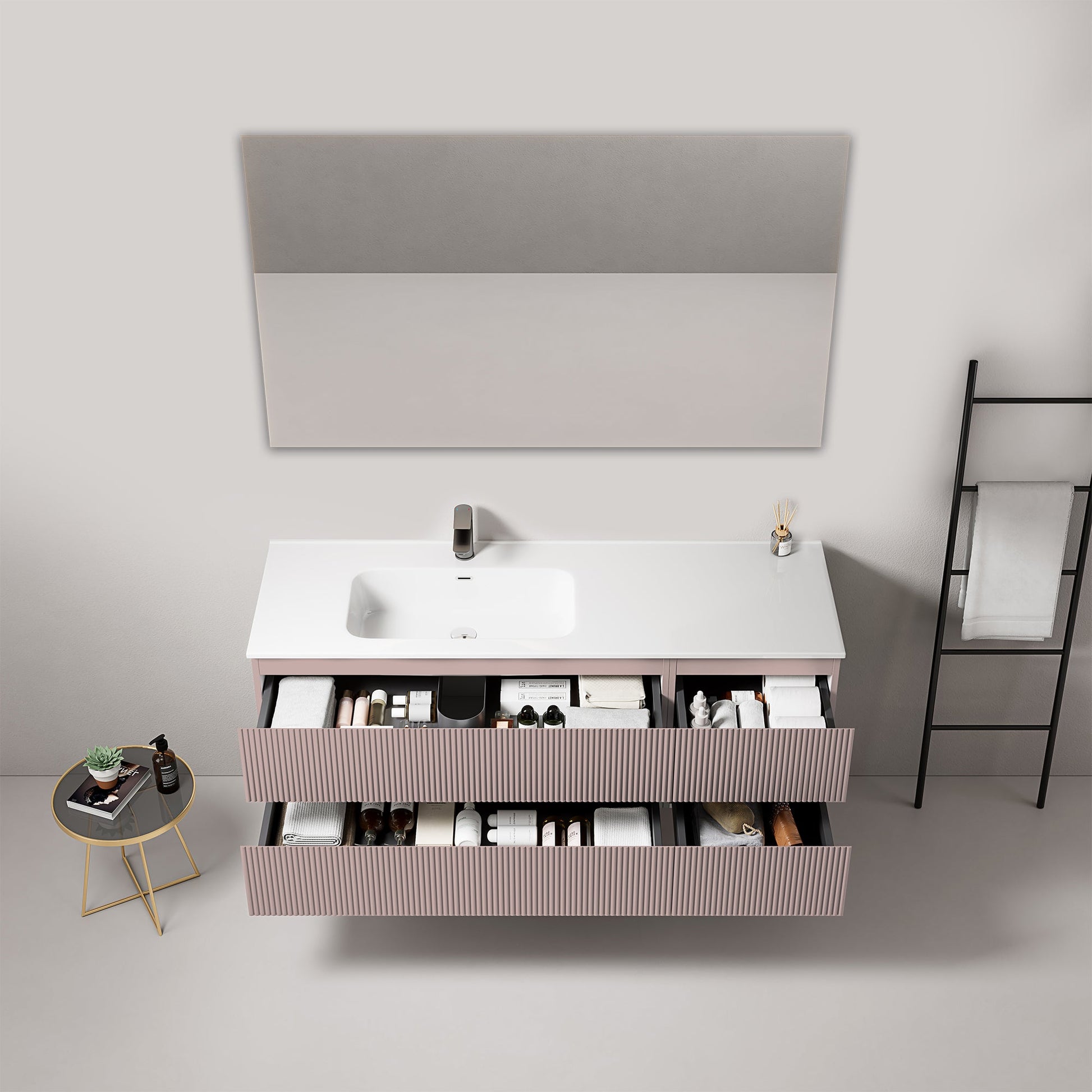 Mobile bagno sospeso cannettato 140 cm Rosa Retro Lavabo a Sinistra in Resina Specchio Quadro - Fiji Paint