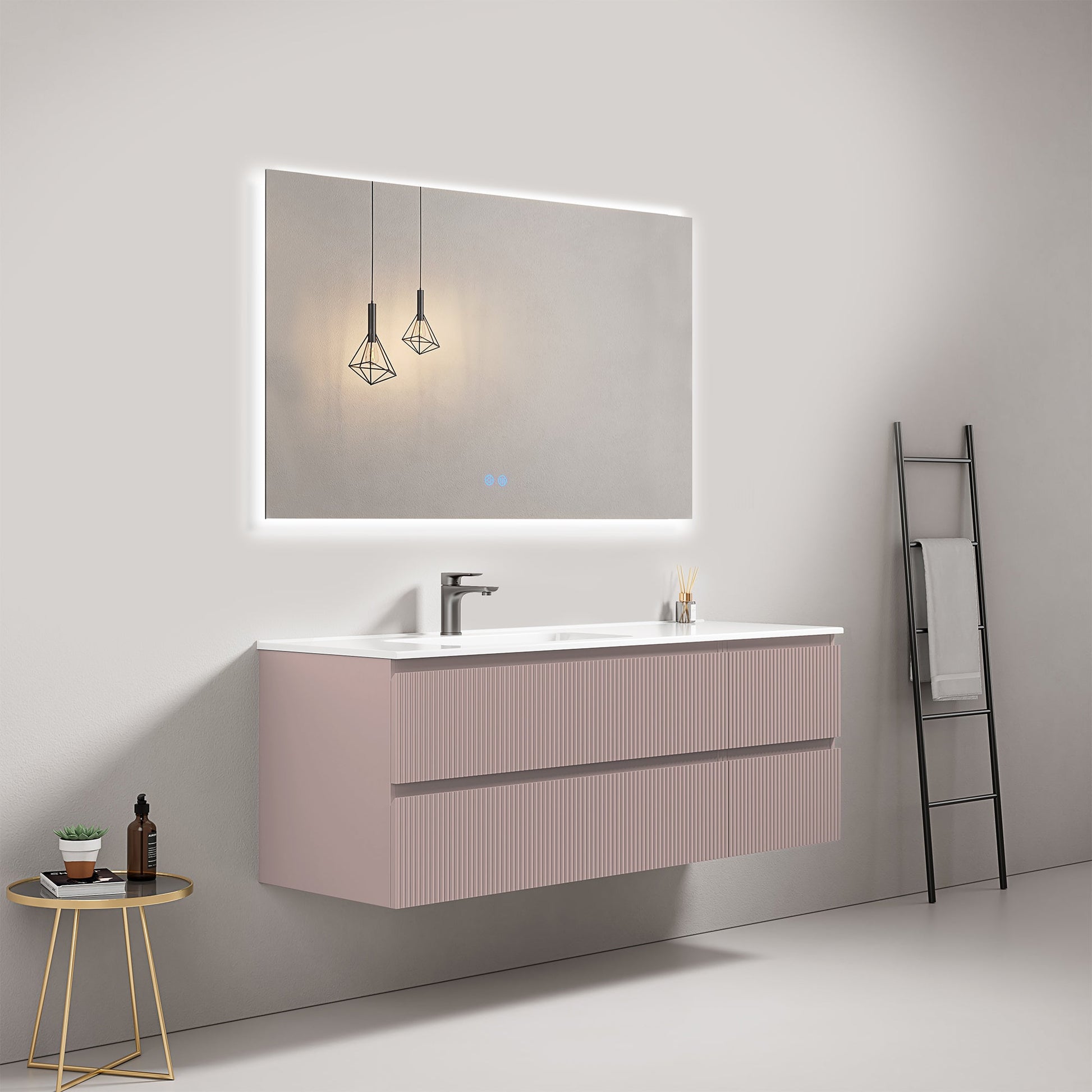 Mobile bagno sospeso cannettato 140 cm Rosa Retro Lavabo a Sinistra in Resina Specchio Quadro Retroilluminato - Fiji Paint
