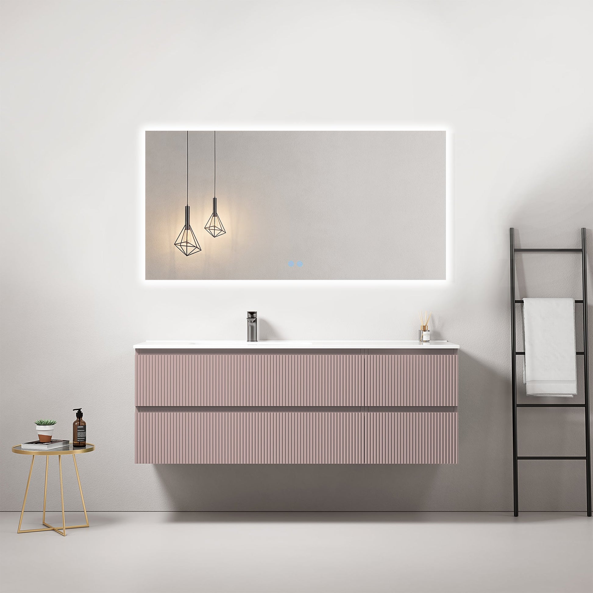 Mobile bagno sospeso cannettato 140 cm Rosa Retro Lavabo a Sinistra in Resina Specchio Quadro Retroilluminato - Fiji Paint.