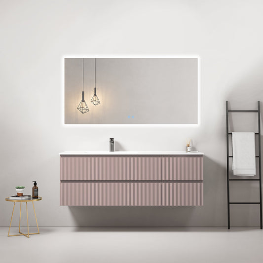 Mobile bagno sospeso cannettato 140 cm Rosa Retro Lavabo a Sinistra in Resina Specchio Quadro Retroilluminato - Fiji Paint.
