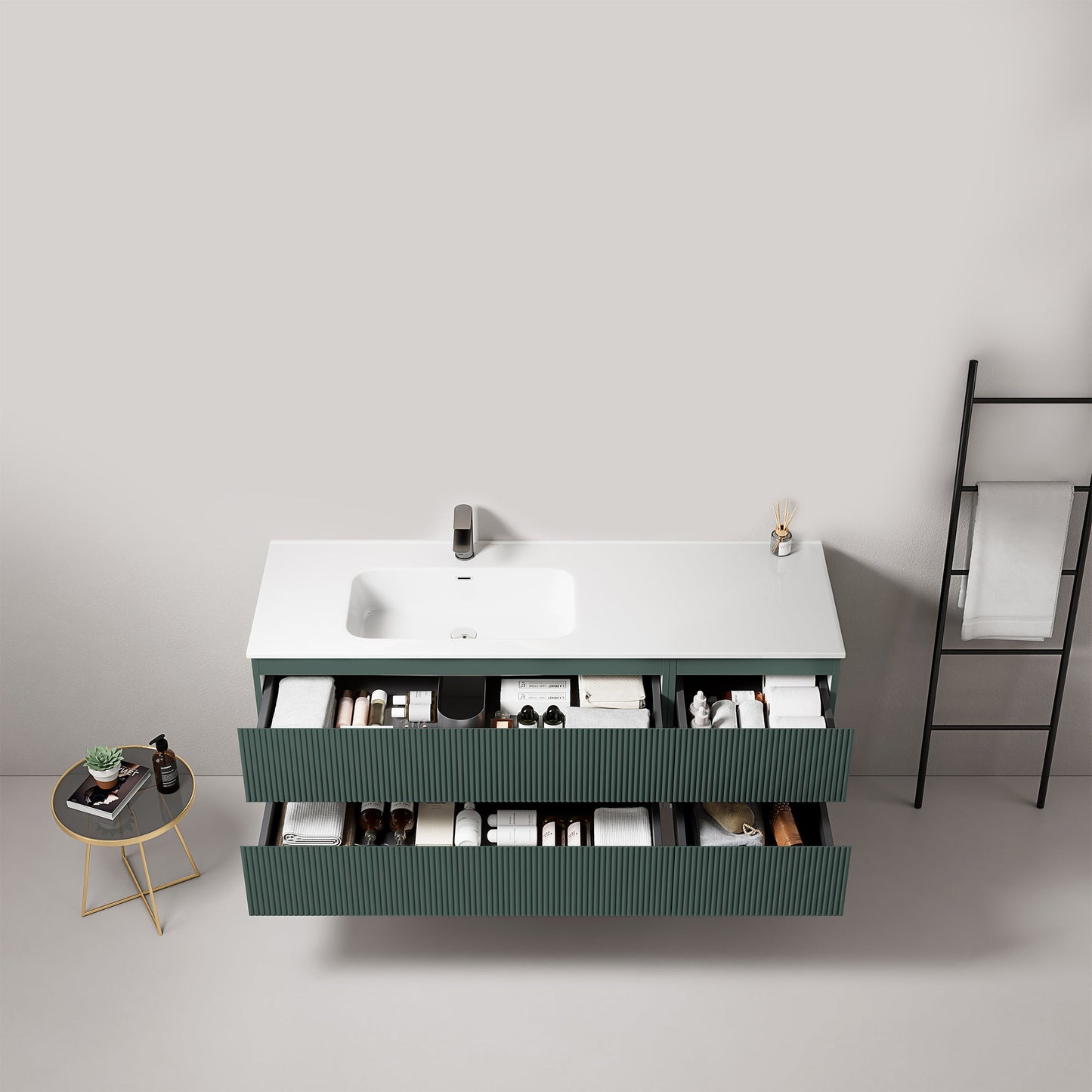 Mobile bagno sospeso cannettato 140 cm Verde Comodoro Lavabo a Sinistra in Resina Senza Specchio - Fiji Paint.