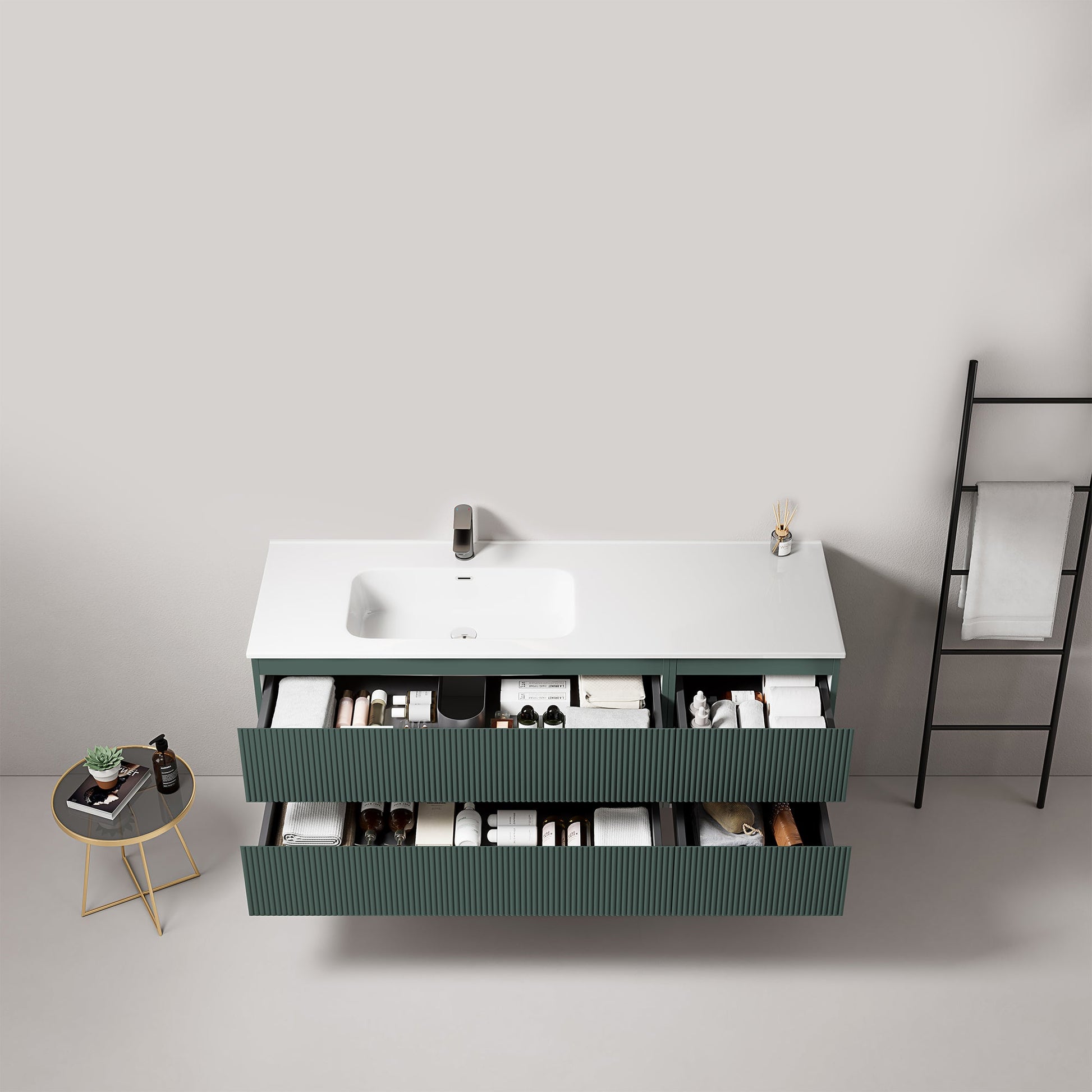 Mobile bagno sospeso cannettato 140 cm Verde Comodoro Lavabo a Sinistra in Resina Senza Specchio - Fiji Paint.