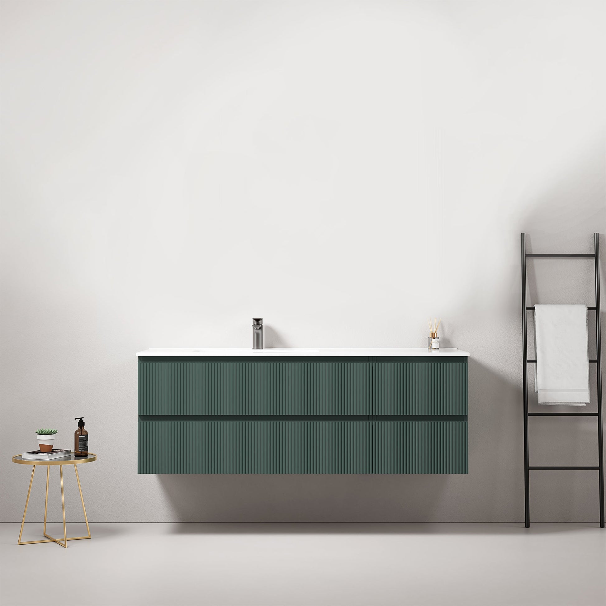 Mobile bagno sospeso cannettato 140 cm Verde Comodoro Lavabo a Sinistra in Resina Senza Specchio - Fiji Paint