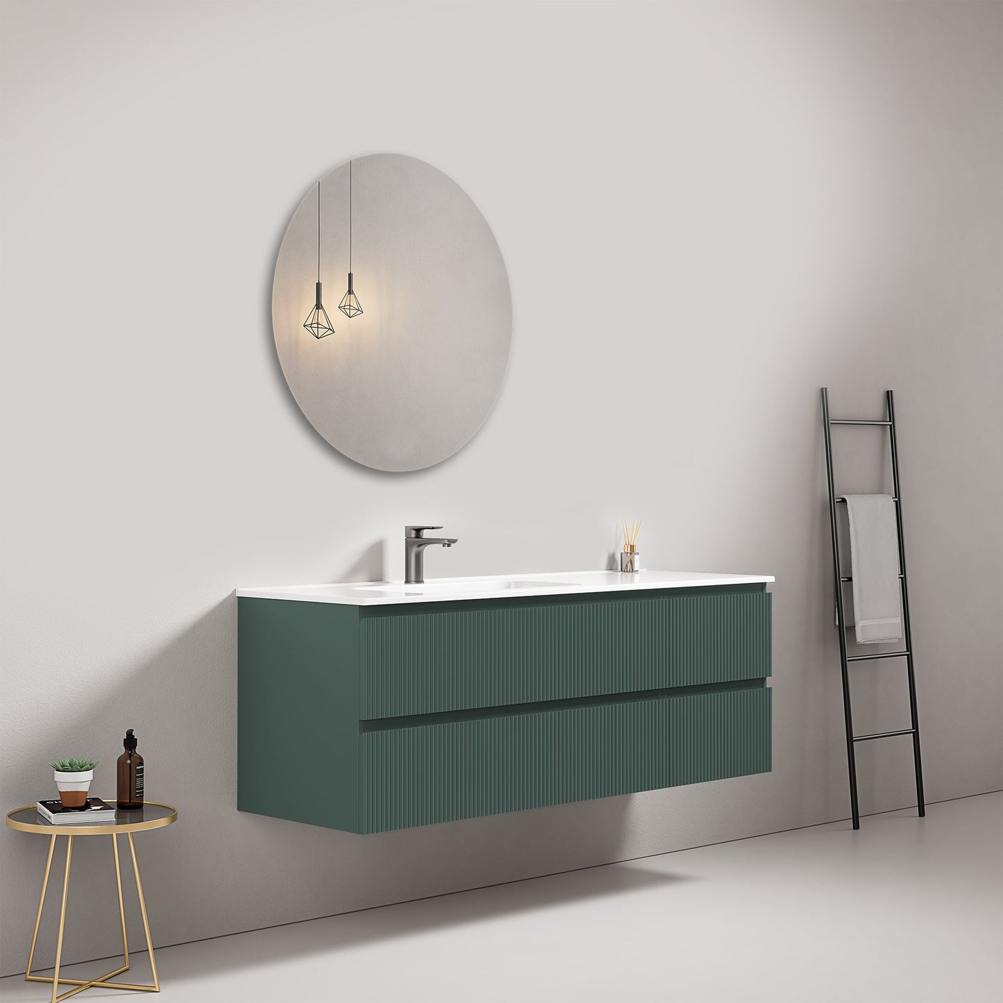 Mobile bagno sospeso cannettato 140 cm Verde Comodoro Lavabo a Sinistra in Resina Specchio Tondo - Fiji Paint