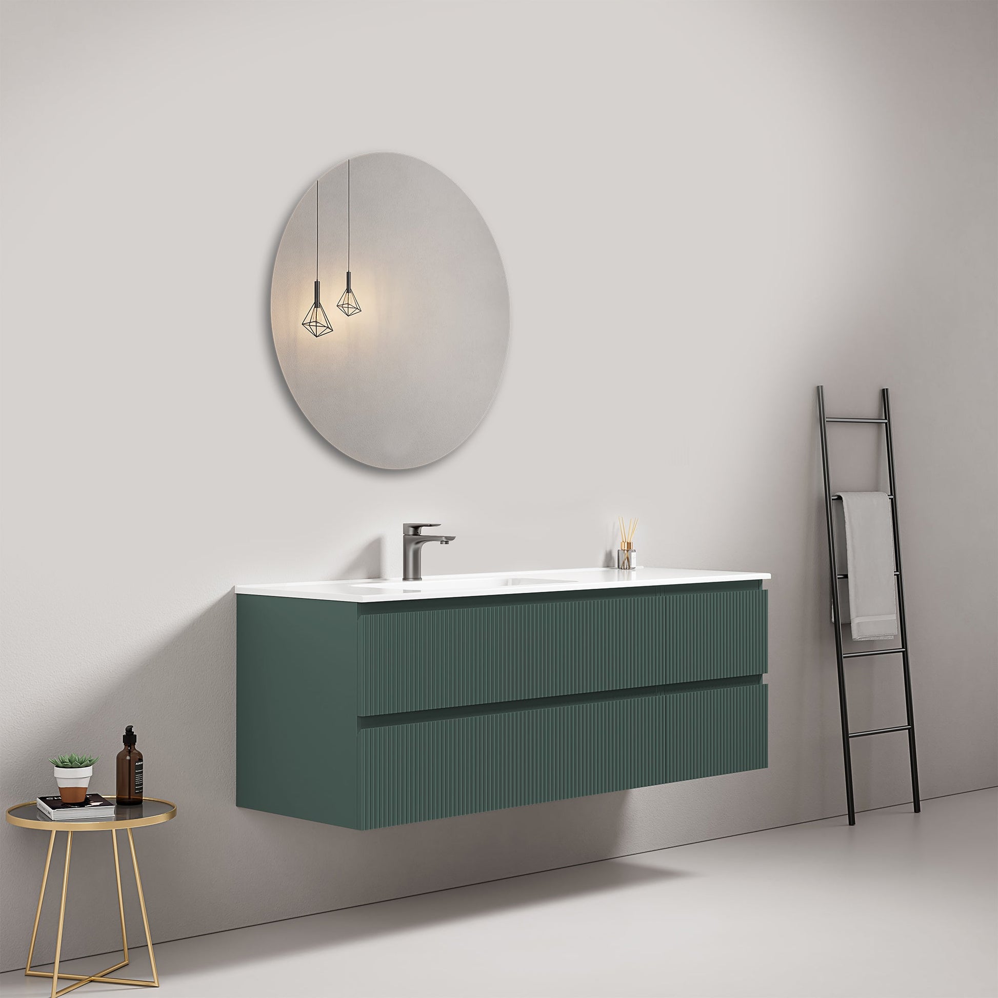Mobile bagno sospeso cannettato 140 cm Verde Comodoro Lavabo a Sinistra in Resina Specchio Tondo - Fiji Paint