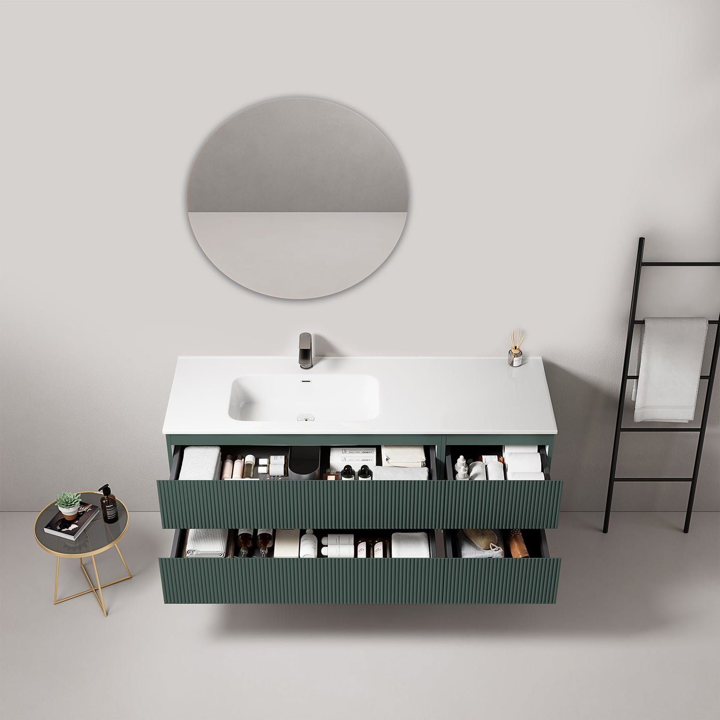 Mobile bagno sospeso cannettato 140 cm Verde Comodoro Lavabo a Sinistra in Resina Specchio Tondo - Fiji Paint