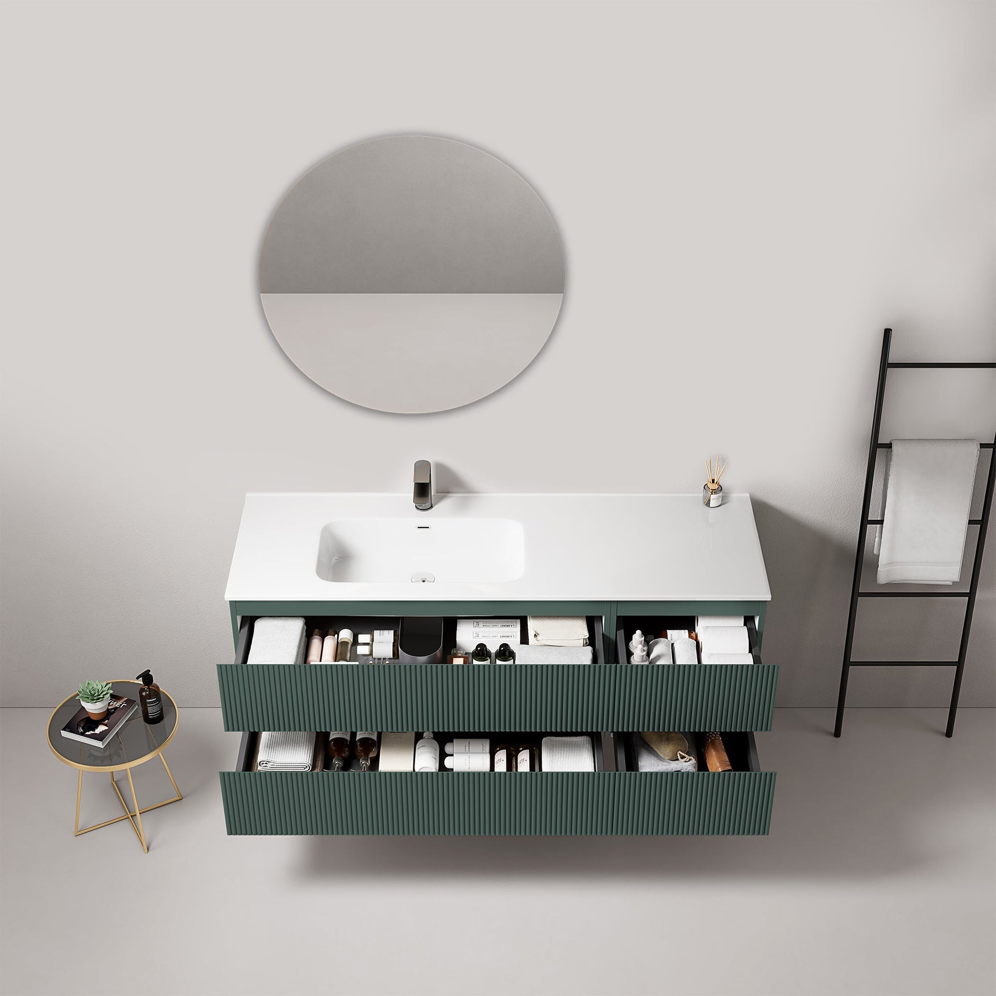 Mobile bagno sospeso cannettato 140 cm Verde Comodoro Lavabo a Sinistra in Resina Specchio Tondo - Fiji Paint