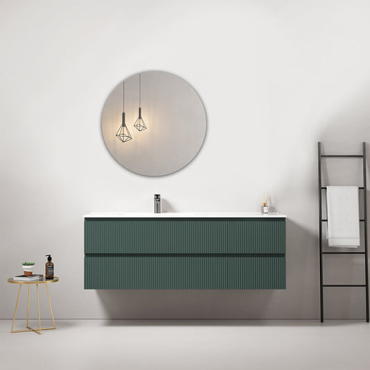 Mobile bagno sospeso cannettato 140 cm Verde Comodoro Lavabo a Sinistra in Resina Specchio Tondo - Fiji Paint
