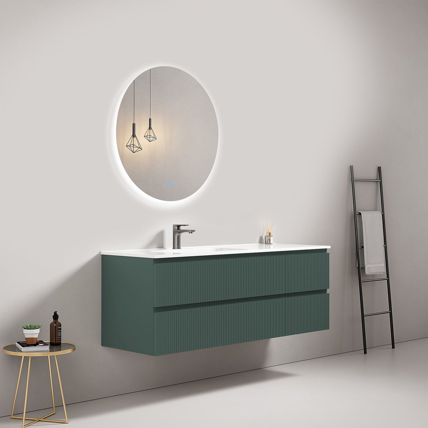 Mobile bagno sospeso cannettato 140 cm Verde Comodoro Lavabo a Sinistra in Resina Specchio Tondo Retroilluminato - Fiji Paint