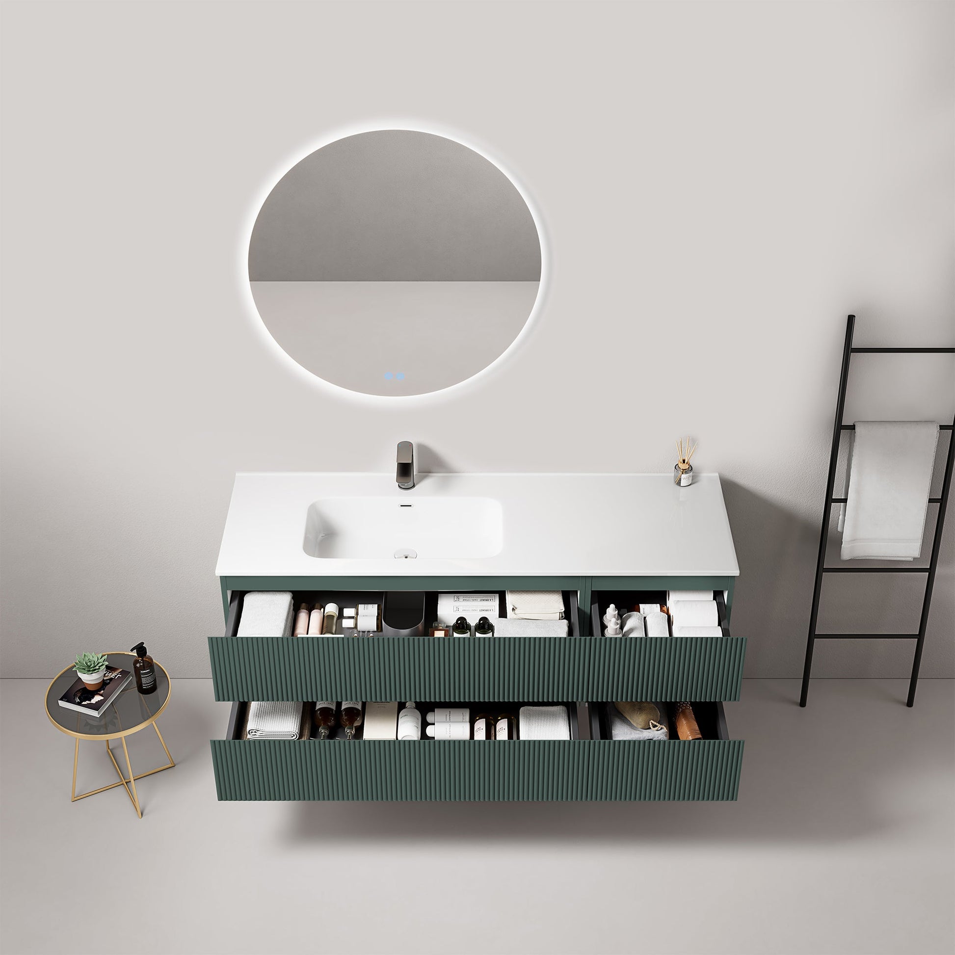 Mobile bagno sospeso cannettato 140 cm Verde Comodoro Lavabo a Sinistra in Resina Specchio Tondo Retroilluminato - Fiji Paint
