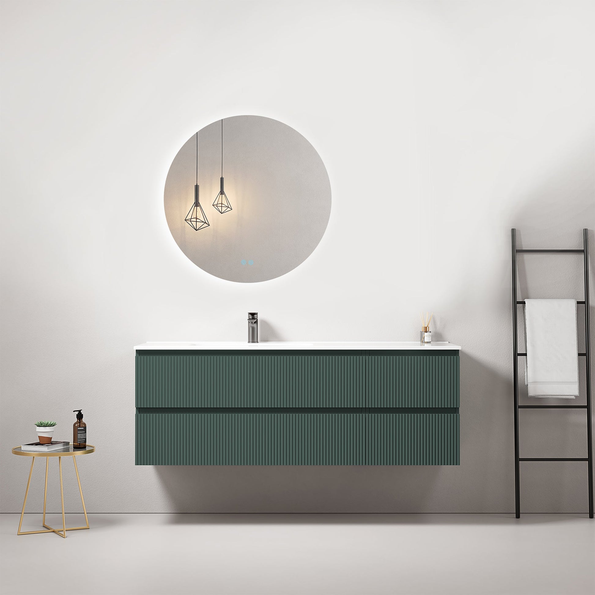 Mobile bagno sospeso cannettato 140 cm Verde Comodoro Lavabo a Sinistra in Resina Specchio Tondo Retroilluminato - Fiji Paint