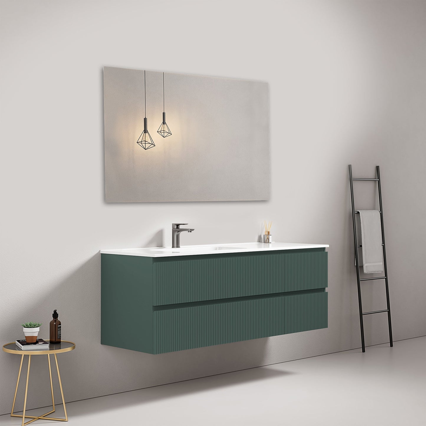 Mobile bagno sospeso cannettato 140 cm Verde Comodoro Lavabo a Sinistra in Resina Specchio Quadro - Fiji Paint