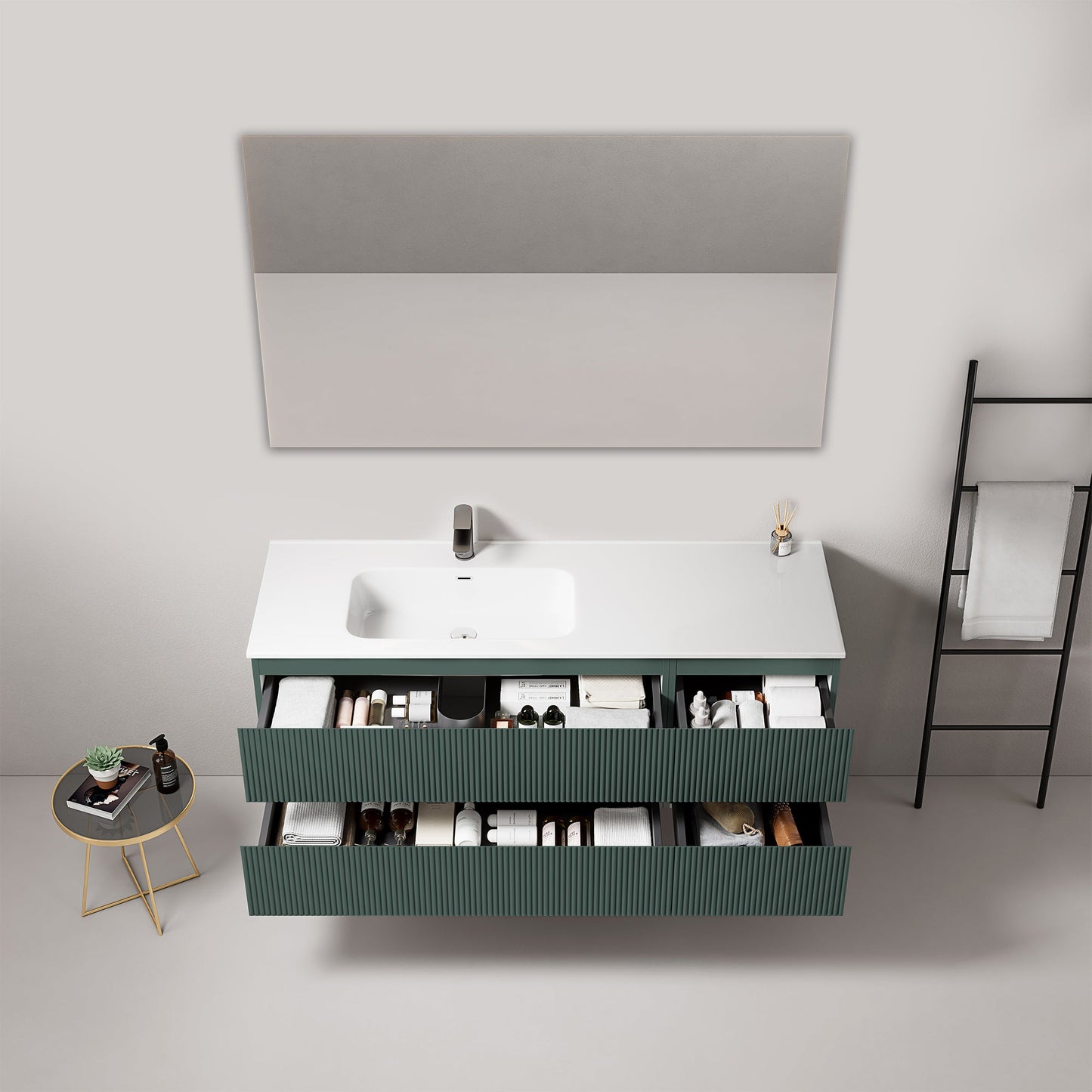 Mobile bagno sospeso cannettato 140 cm Verde Comodoro Lavabo a Sinistra in Resina Specchio Quadro - Fiji Paint