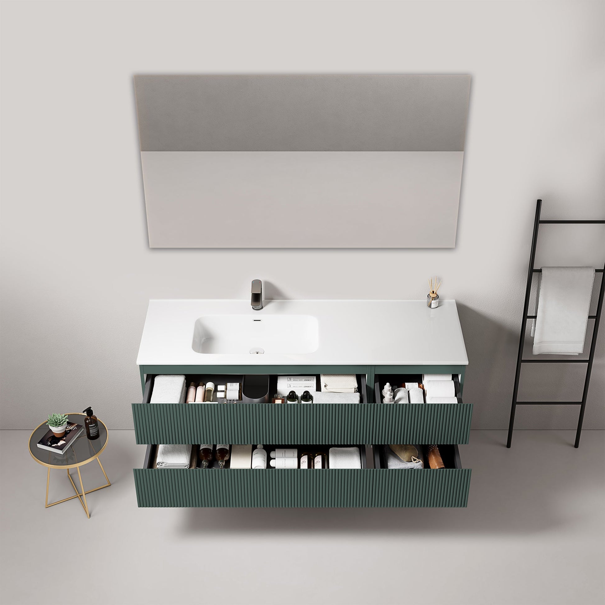 Mobile bagno sospeso cannettato 140 cm Verde Comodoro Lavabo a Sinistra in Resina Specchio Quadro - Fiji Paint