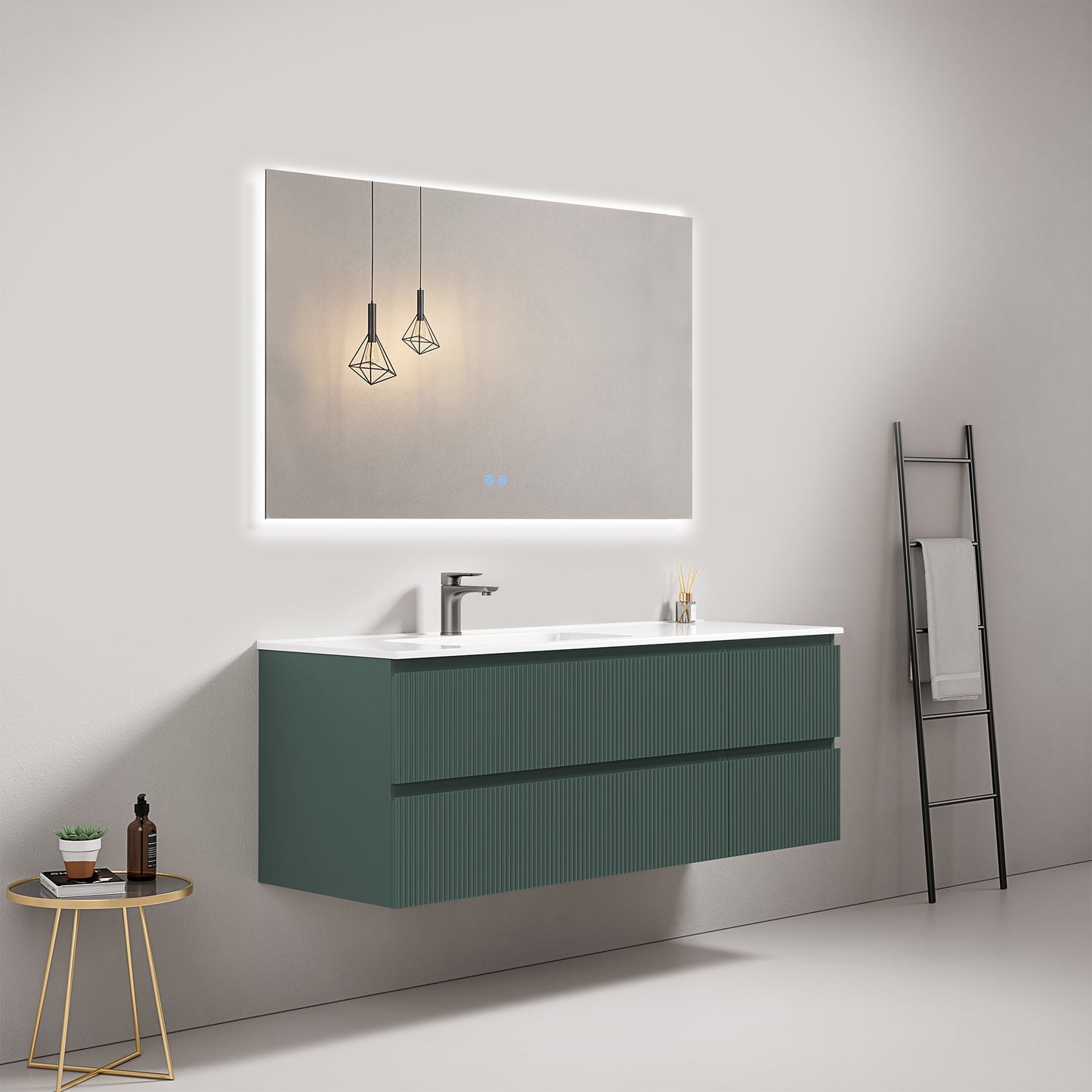 Mobile bagno sospeso cannettato 140 cm Verde Comodoro Lavabo a Sinistra in Resina Specchio Quadro Retroilluminato - Fiji Paint