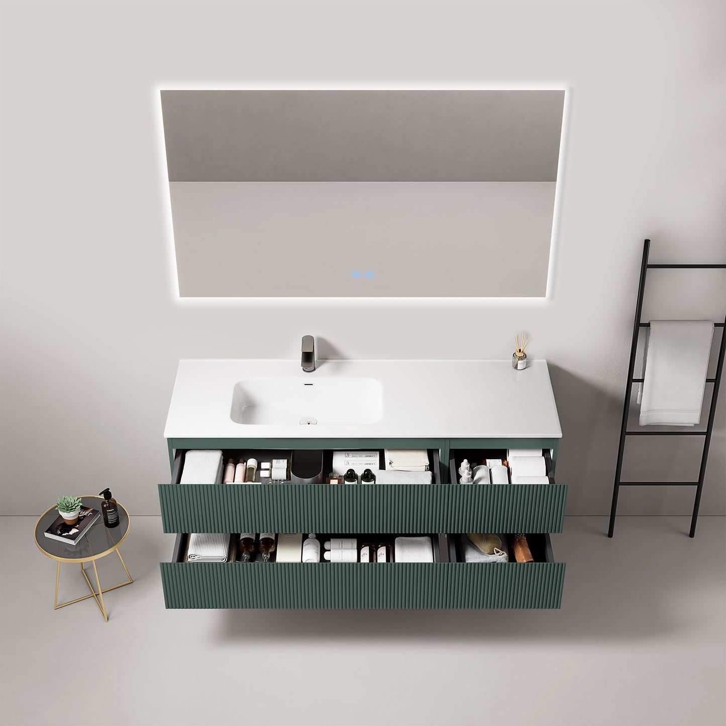 Mobile bagno sospeso cannettato 140 cm Verde Comodoro Lavabo a Sinistra in Resina Specchio Quadro Retroilluminato - Fiji Paint