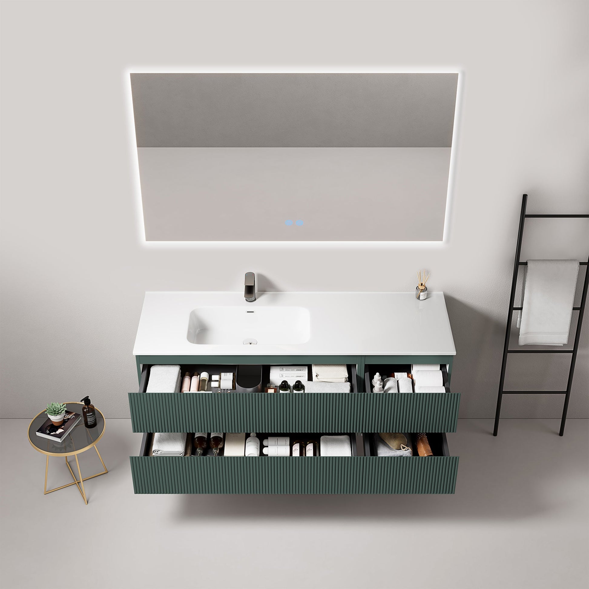 Mobile bagno sospeso cannettato 140 cm Verde Comodoro Lavabo a Sinistra in Resina Specchio Quadro Retroilluminato - Fiji Paint