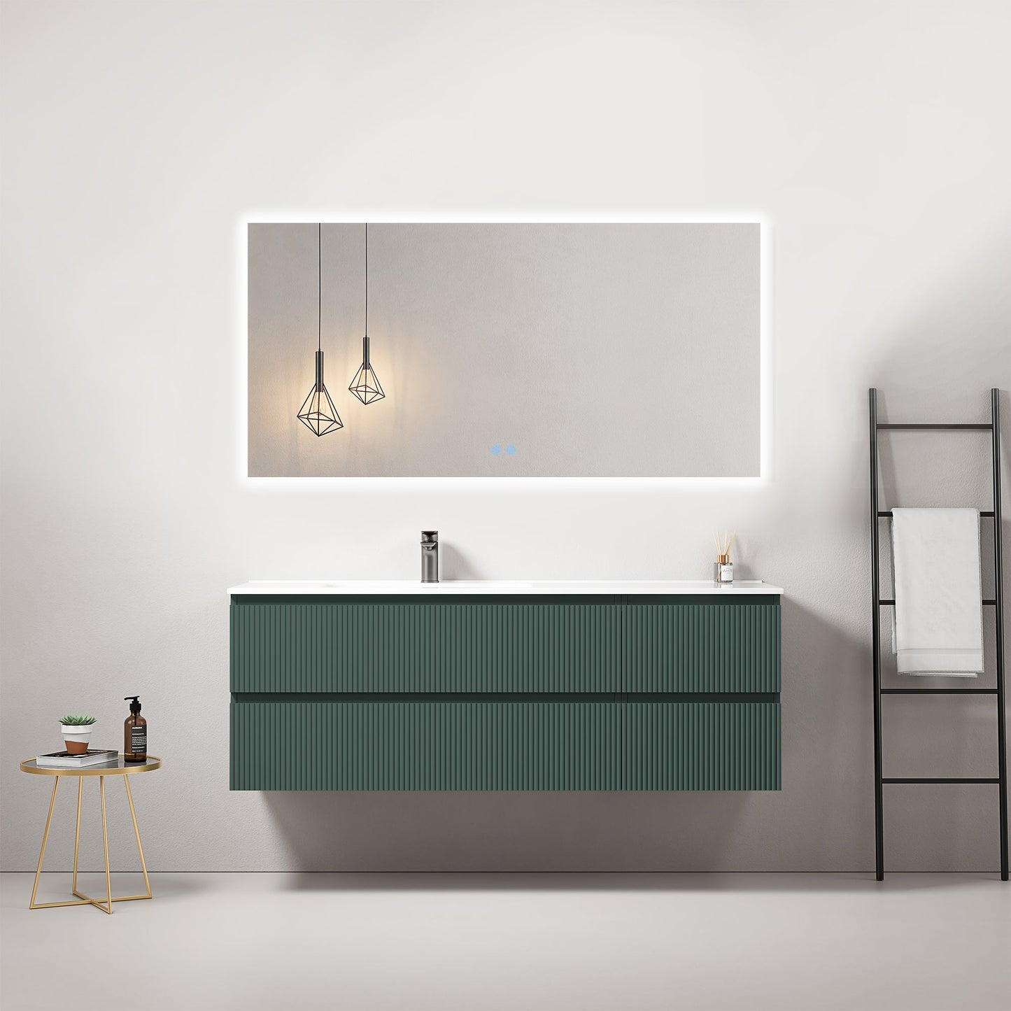 Mobile bagno sospeso cannettato 140 cm Verde Comodoro Lavabo a Sinistra in Resina Specchio Quadro Retroilluminato - Fiji Paint