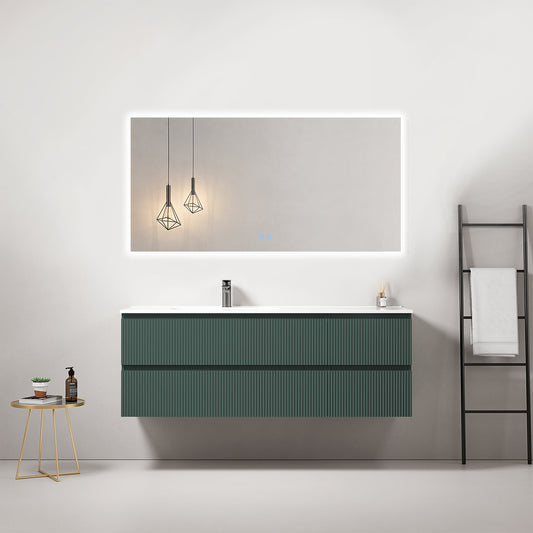 Mobile bagno sospeso cannettato 140 cm Verde Comodoro Lavabo a Sinistra in Resina Specchio Quadro Retroilluminato - Fiji Paint