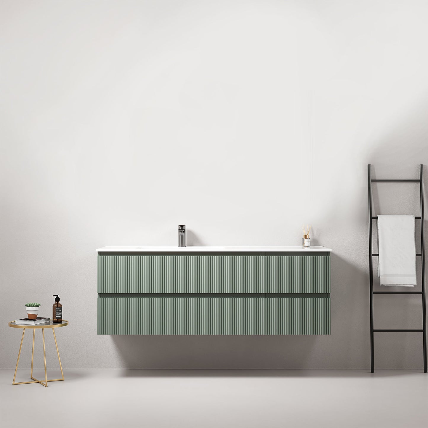 Mobile bagno sospeso cannettato 140 cm Verde Salvia Lavabo a Sinistra in Resina Senza Specchio - Fiji Paint