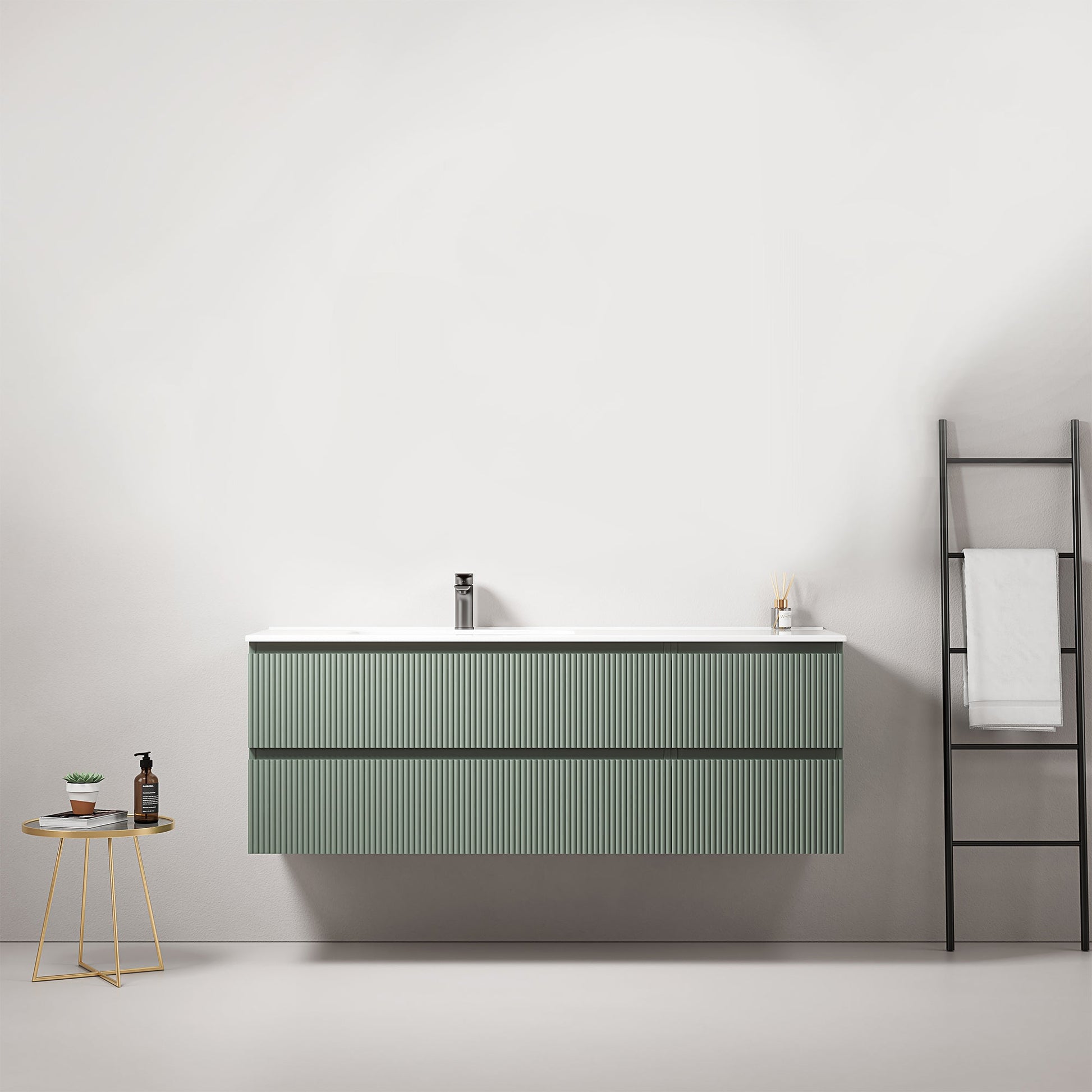 Mobile bagno sospeso cannettato 140 cm Verde Salvia Lavabo a Sinistra in Resina Senza Specchio - Fiji Paint