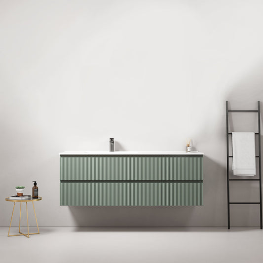 Mobile bagno sospeso cannettato 140 cm Verde Salvia Lavabo a Sinistra in Resina Senza Specchio - Fiji Paint