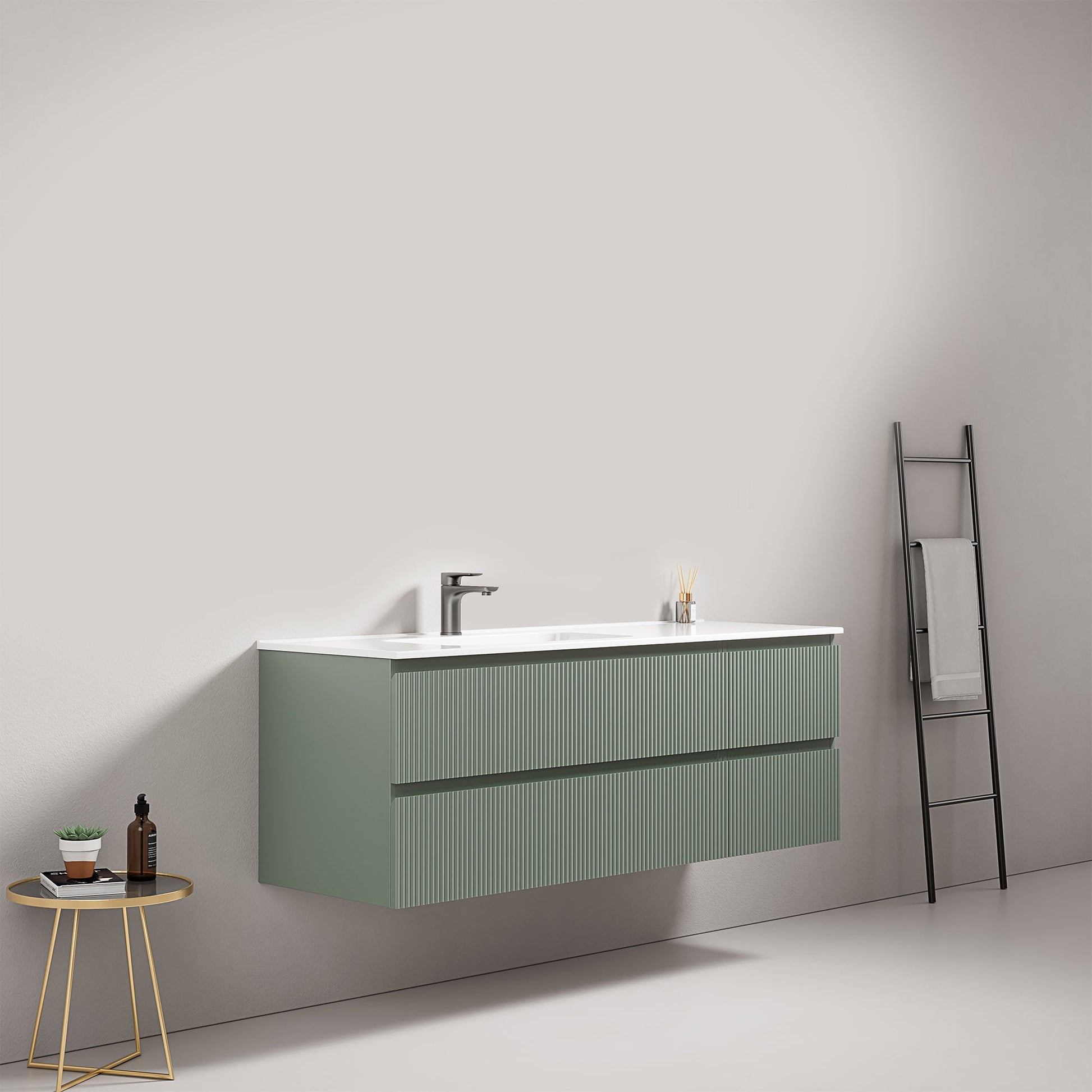 Mobile bagno sospeso cannettato 140 cm Verde Salvia Lavabo a Sinistra in Resina Senza Specchio - Fiji Paint