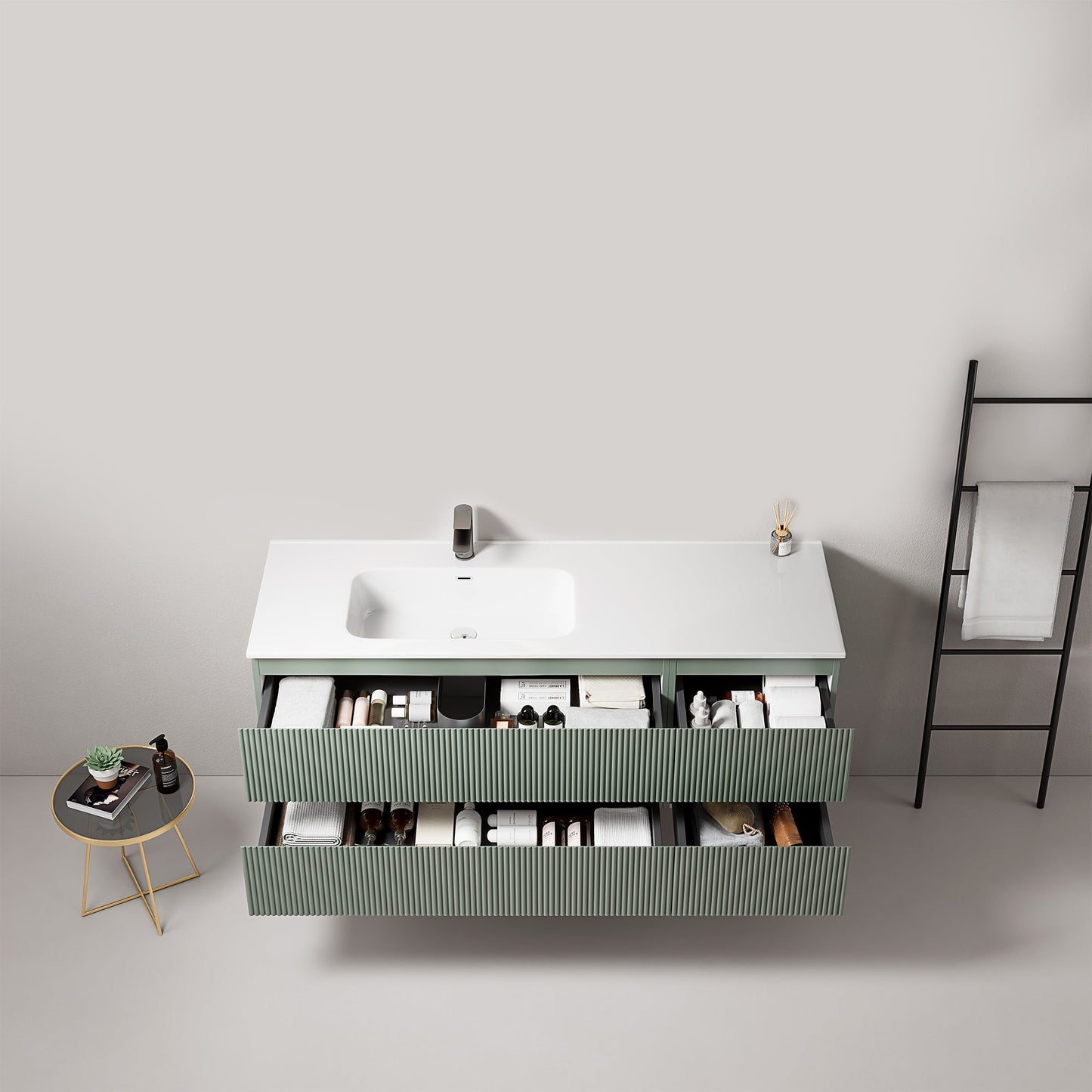 Mobile bagno sospeso cannettato 140 cm Verde Salvia Lavabo a Sinistra in Resina Senza Specchio - Fiji Paint con lavabo bianco.