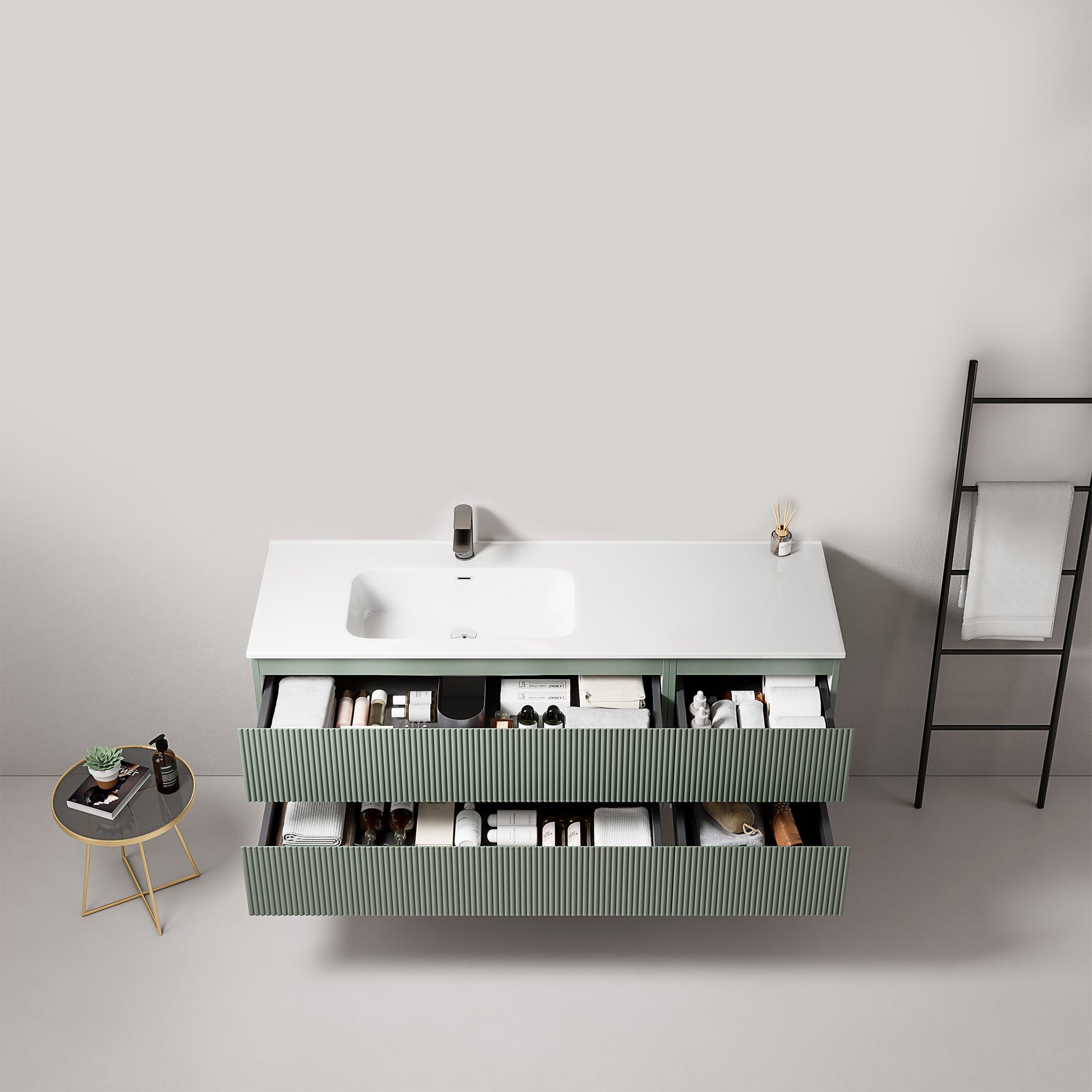 Mobile bagno sospeso cannettato 140 cm Verde Salvia Lavabo a Sinistra in Resina Senza Specchio - Fiji Paint con lavabo bianco.