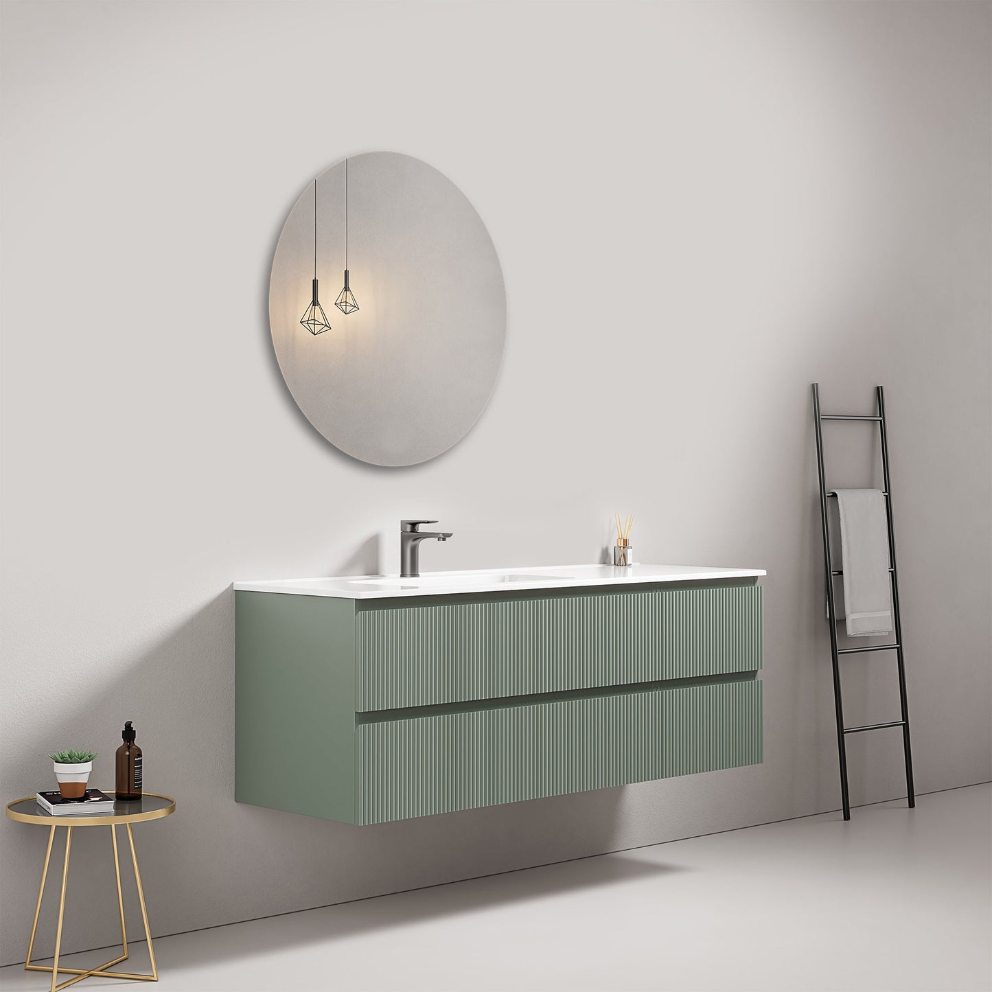 Mobile bagno sospeso cannettato 140 cm Verde Salvia Lavabo a Sinistra in Resina Specchio Tondo - Fiji Paint.