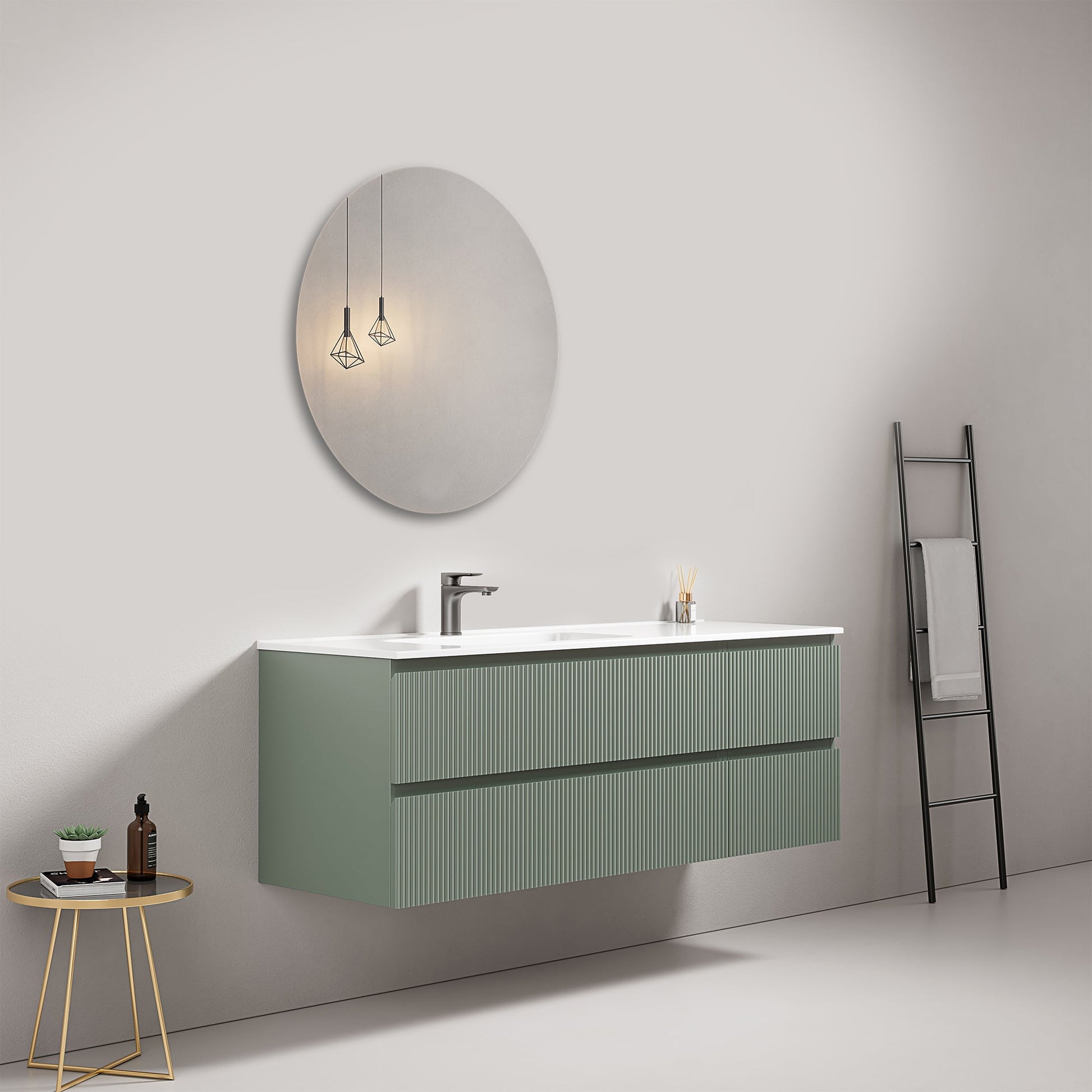 Mobile bagno sospeso cannettato 140 cm Verde Salvia Lavabo a Sinistra in Resina Specchio Tondo - Fiji Paint.