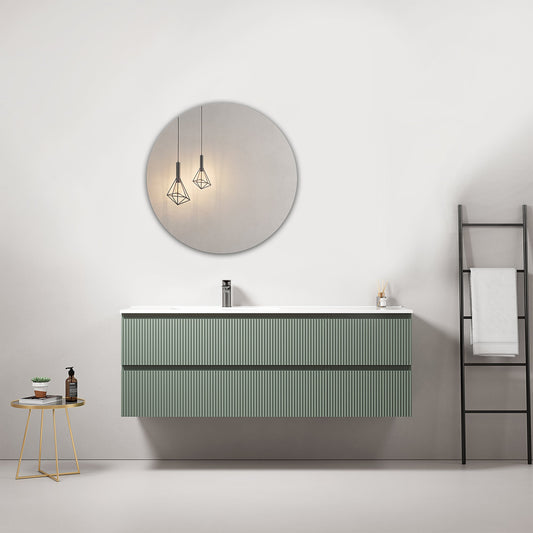 Mobile bagno sospeso cannettato 140 cm Verde Salvia Lavabo a Sinistra in Resina Specchio Tondo - Fiji Paint