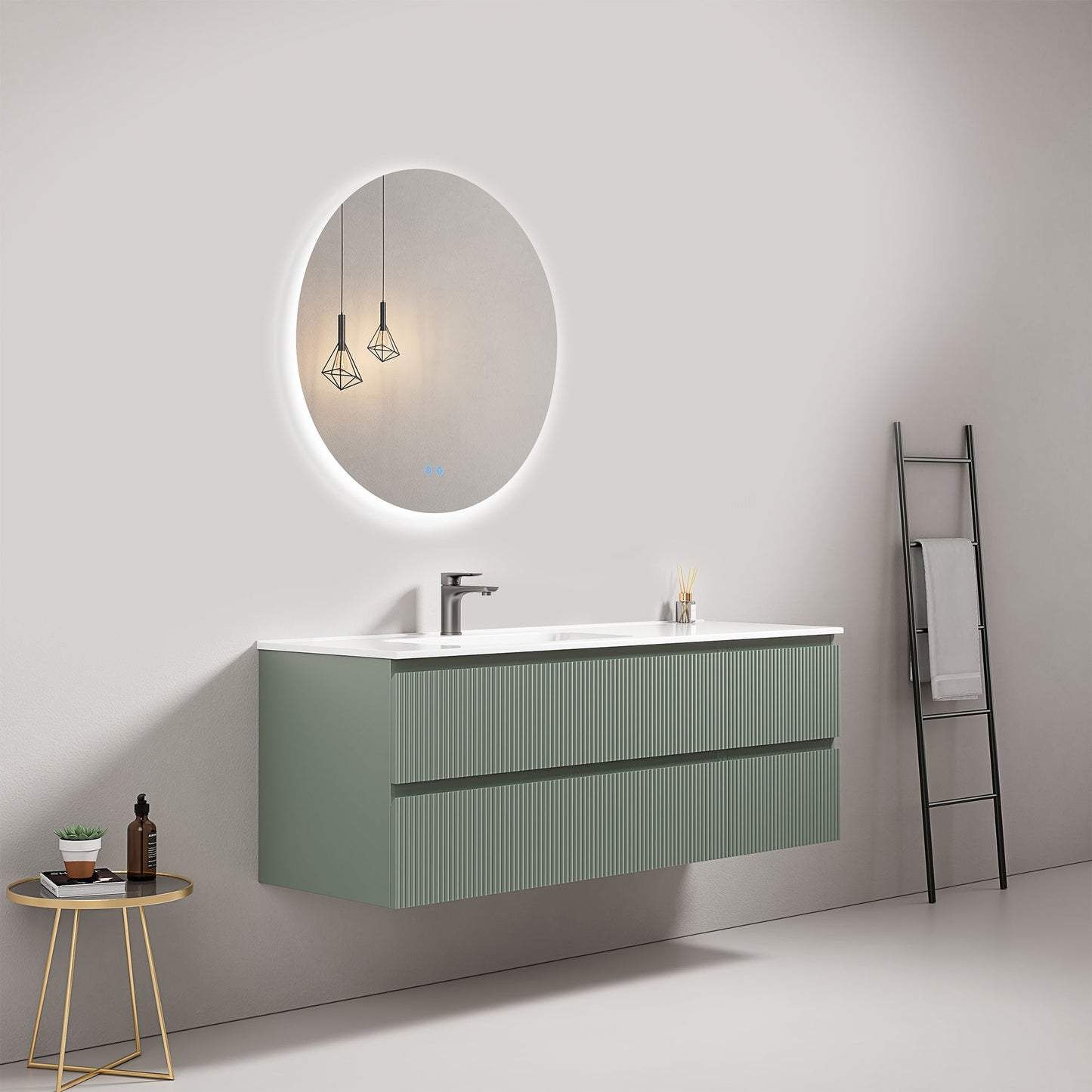 Mobile bagno sospeso cannettato 140 cm Verde Salvia Lavabo a Sinistra in Resina Specchio Tondo Retroilluminato - Fiji Paint