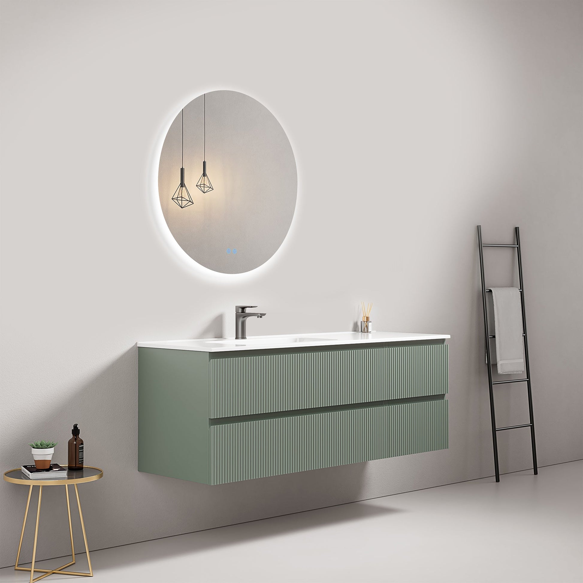Mobile bagno sospeso cannettato 140 cm Verde Salvia Lavabo a Sinistra in Resina Specchio Tondo Retroilluminato - Fiji Paint