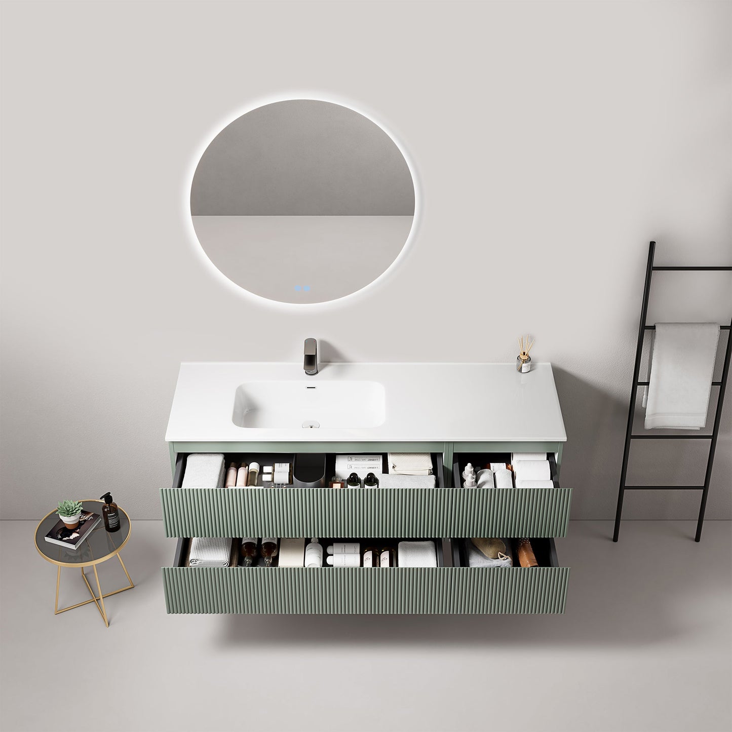Mobile bagno sospeso cannettato 140 cm Verde Salvia Lavabo a Sinistra in Resina Specchio Tondo Retroilluminato - Fiji Paint