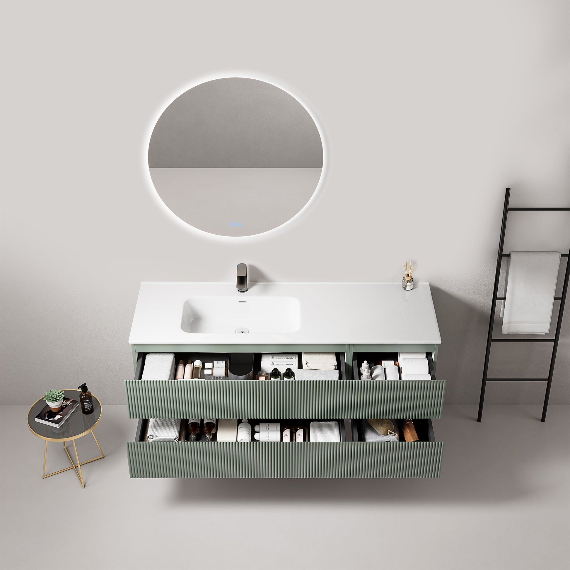 Mobile bagno sospeso cannettato 140 cm Verde Salvia Lavabo a Sinistra in Resina Specchio Tondo Retroilluminato - Fiji Paint
