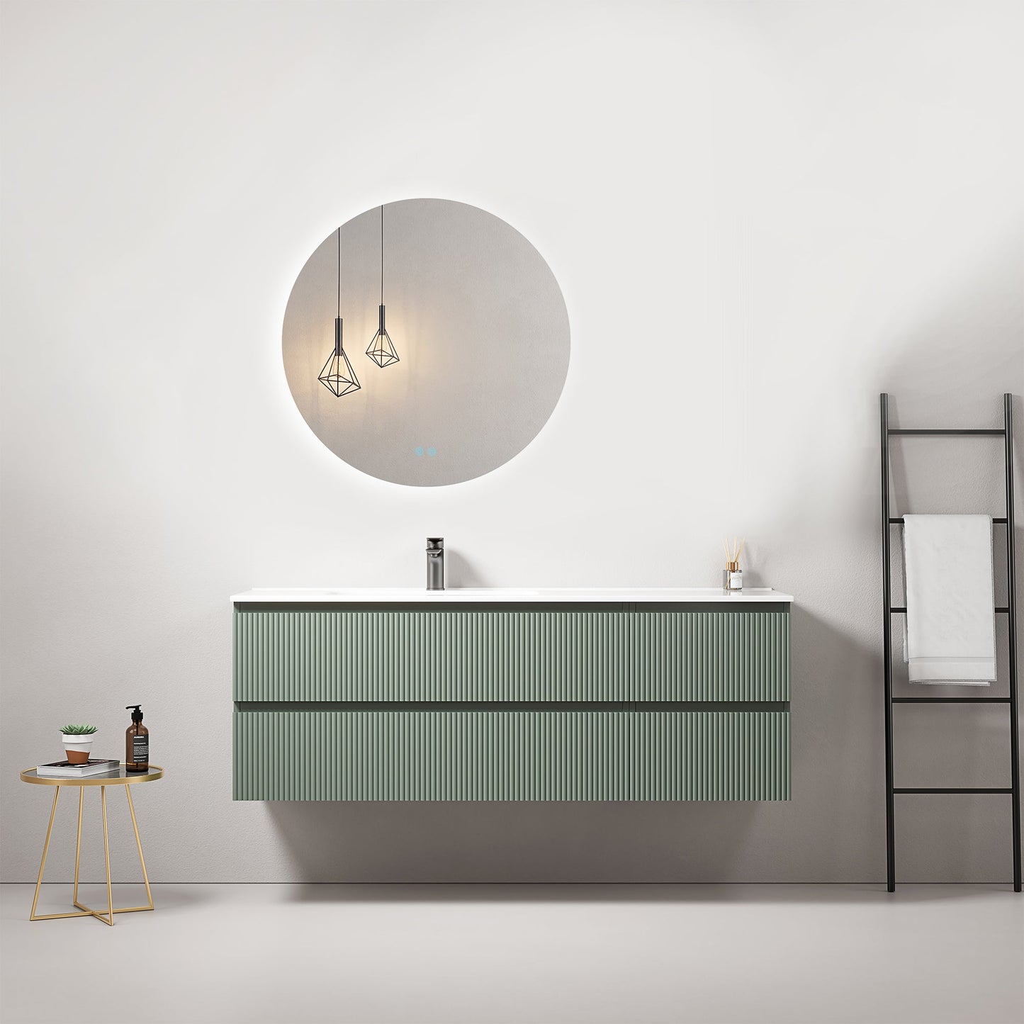 Mobile bagno sospeso cannettato 140 cm Verde Salvia Lavabo a Sinistra in Resina Specchio Tondo Retroilluminato - Fiji Paint.