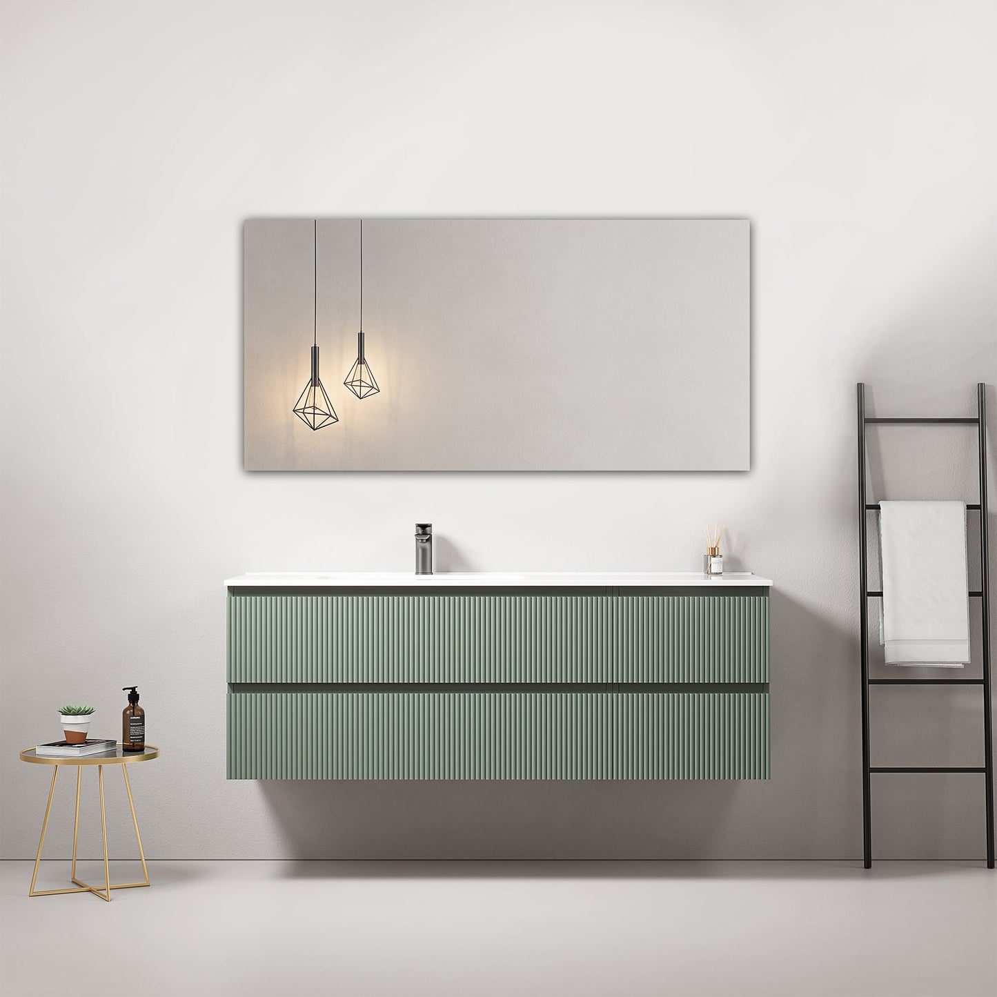 Mobile bagno sospeso cannettato 140 cm Verde Salvia Lavabo a Sinistra in Resina Specchio Quadro - Fiji Paint.